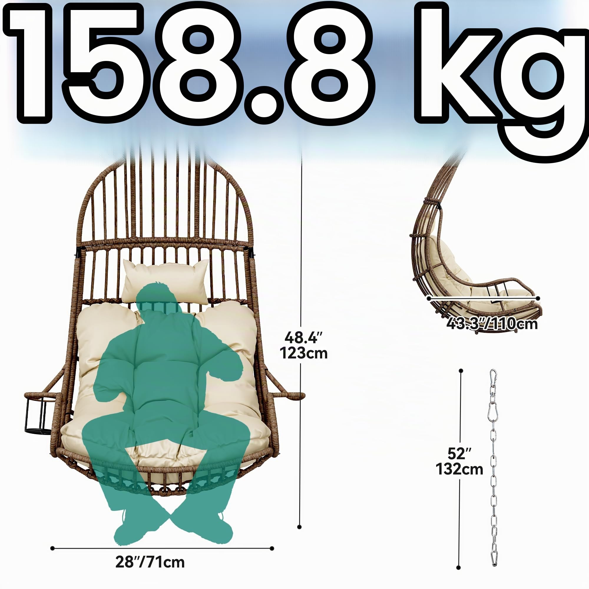 YITAHOME Fauteuil Suspendu Rotin 150kg, avec Coussin, Porte-Gobelet, Beige