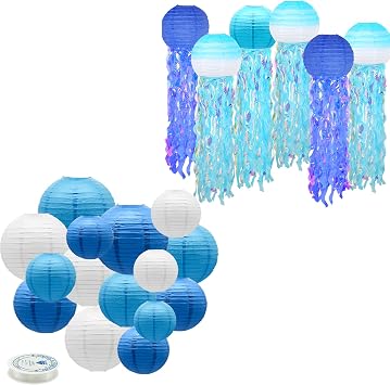 Blue Party Decorations Jellyfish Paper Lanterns for Ocean Theme Birthday Decors, Baby Shower Baby Room