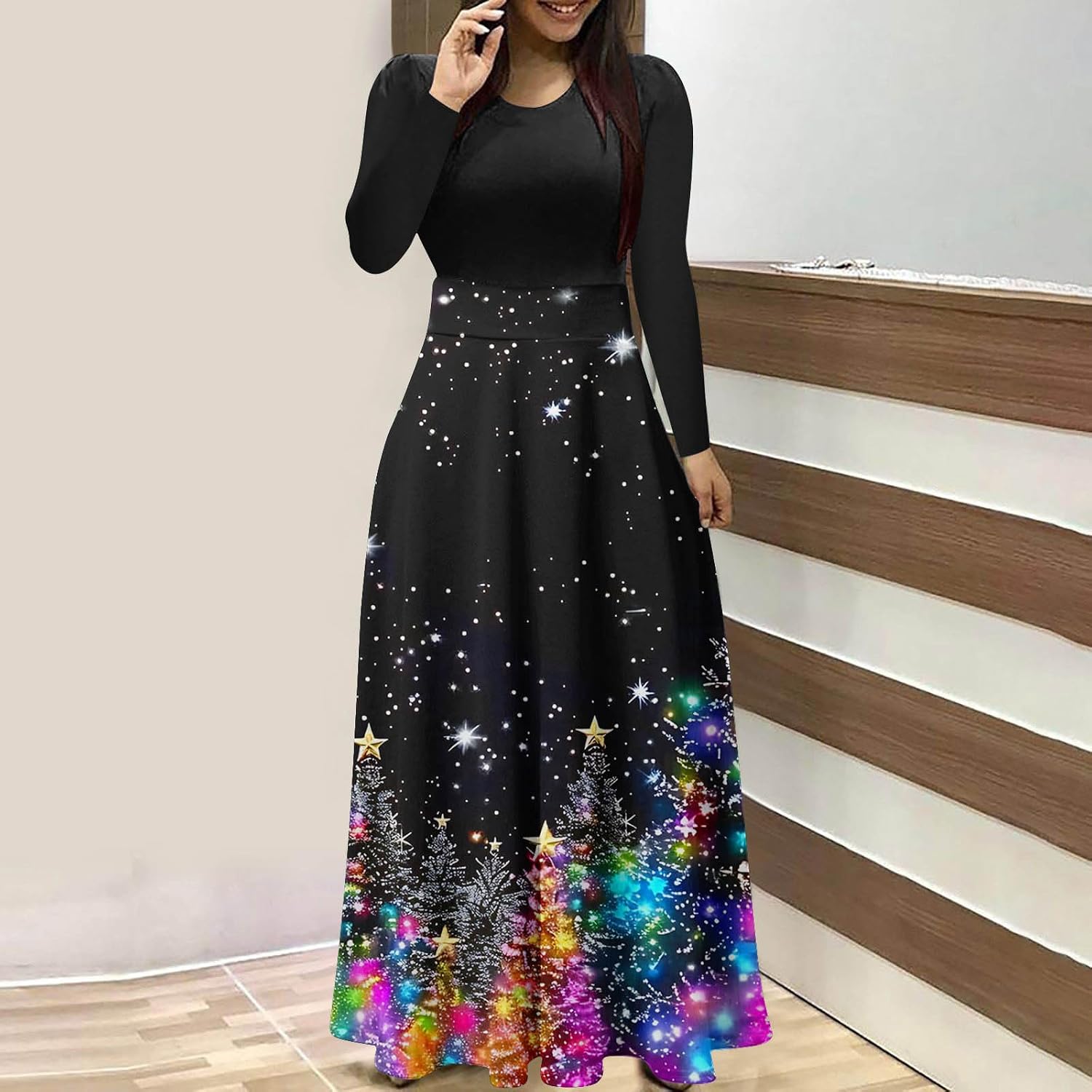 Womens Christmas Maxi Dresses Tree Star Long Sleeve High Waist Holiday Gown | Golden Ribbon Graphics and Scattered Celestial Details Form a Striking Festive Centerpiece across Flowing Full Length Skirt