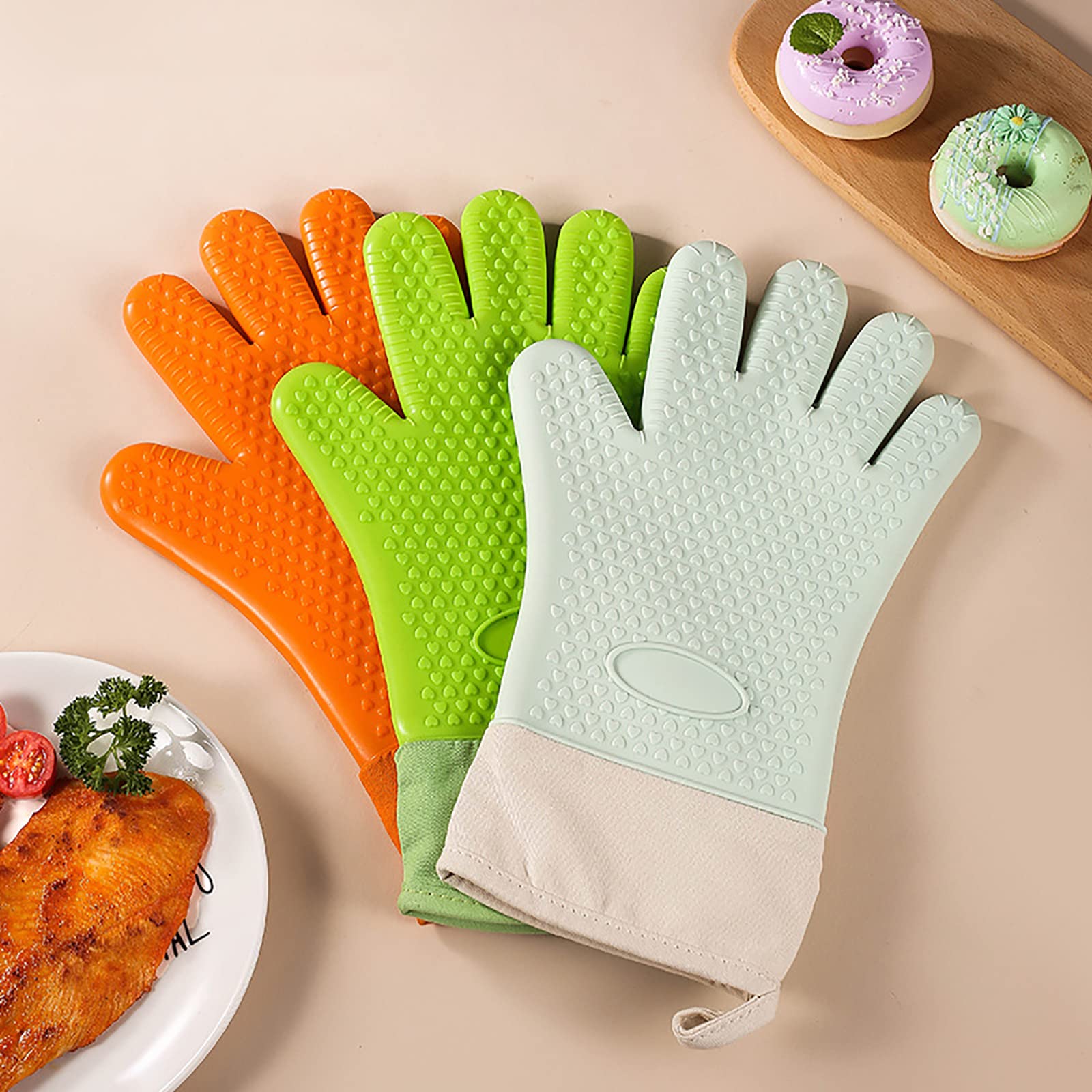 Guantes de silicona para barbacoa, guantes largos de horno de cocina con capa interior de algodón para barbacoa, cocinar, hornear, ahumador, verde, una pieza de