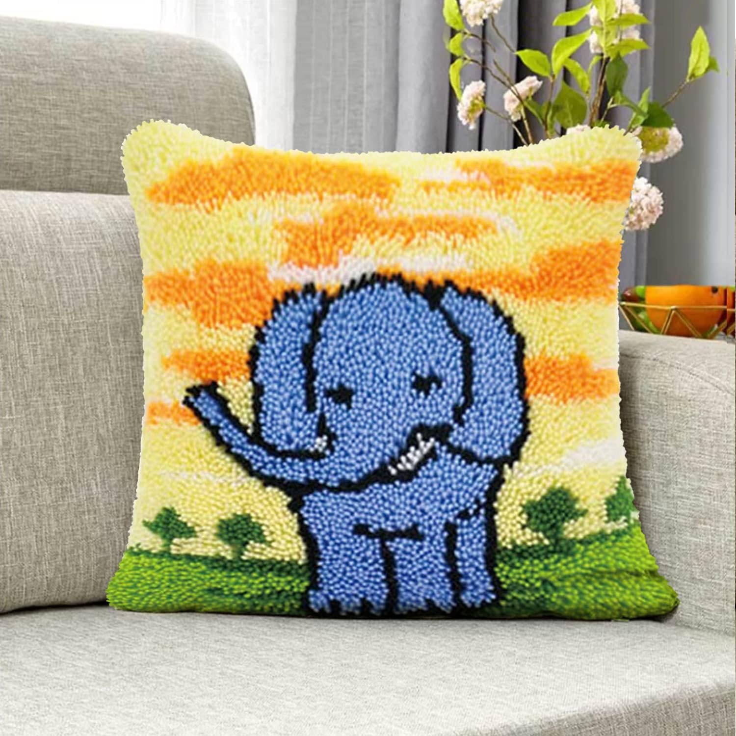 clubevy Latch Hook Kits for Adults Kids Throw Pillow Cover Sofa Cushion Cover Embroidery Set DIY Cross Stitch Home Decoration 17x17 Inches Elephant