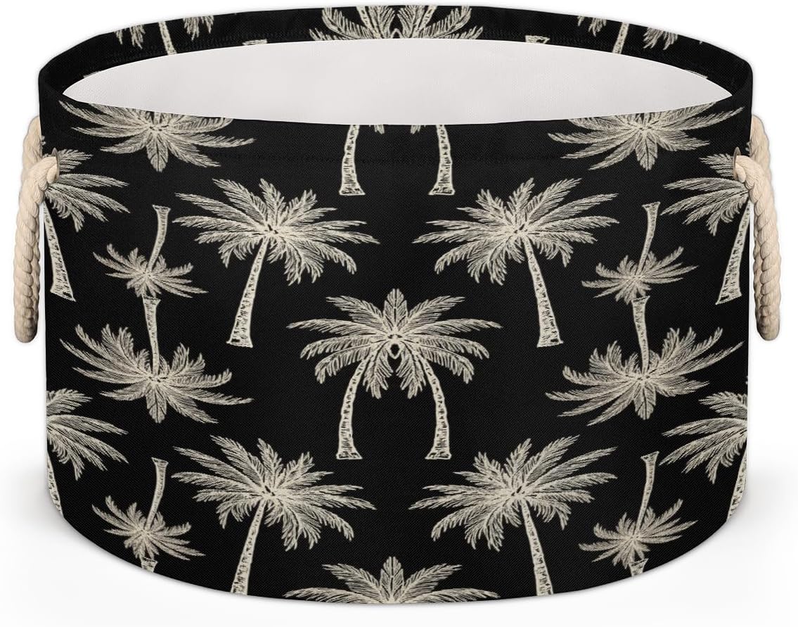 Large Storage Baskets Palm Tree Nursery Round Collapsible Organizer Bin Box, Laundry Hamper for Kids Toys, Blanket, Bedroom Living Room Home Decor, Gift Basket, 19.4"x13.3"