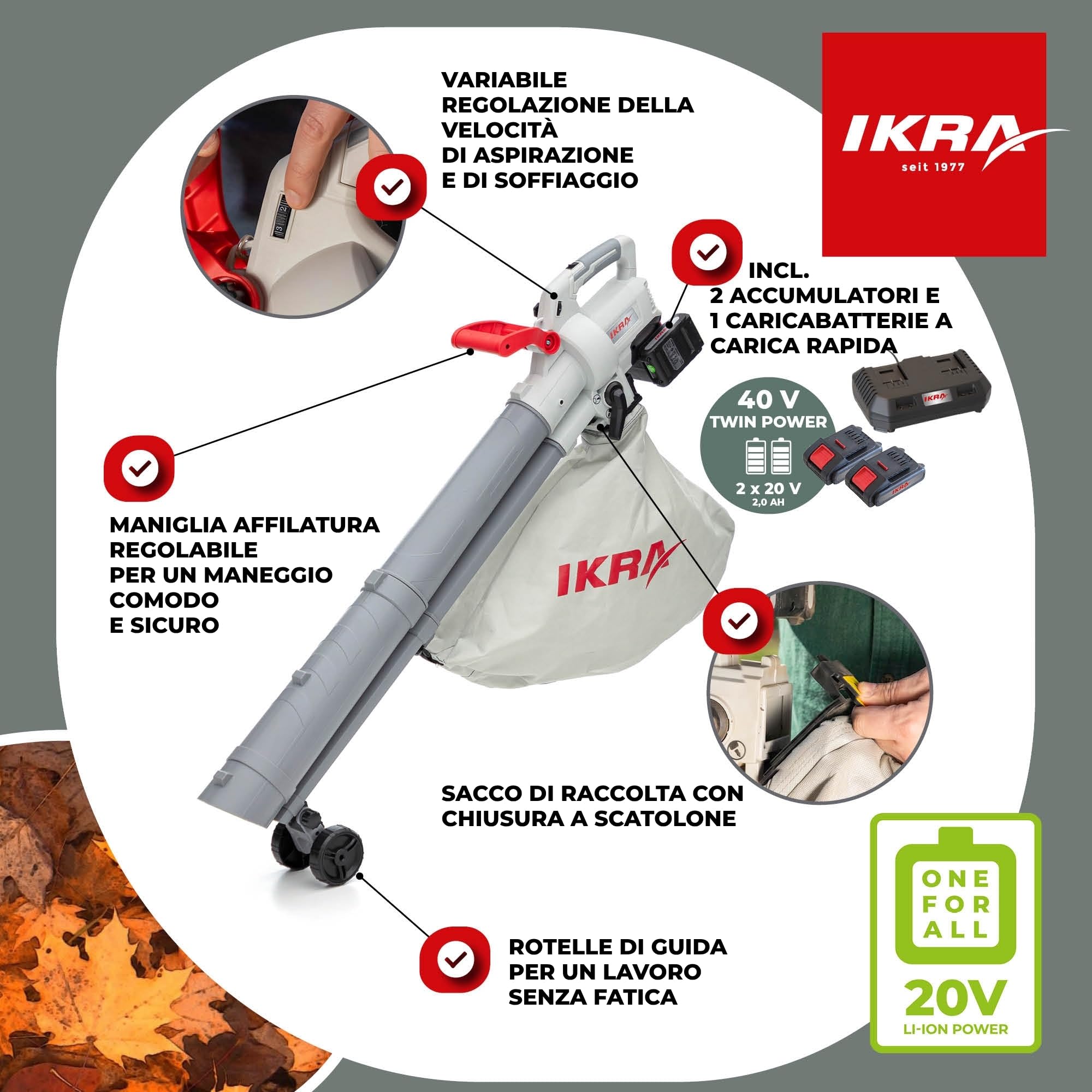 IKRA 3in1 aspiratore soffiatore a batteria IALS 2-20 con 2 batterie ricaricabili e doppio caricabatterie rapido