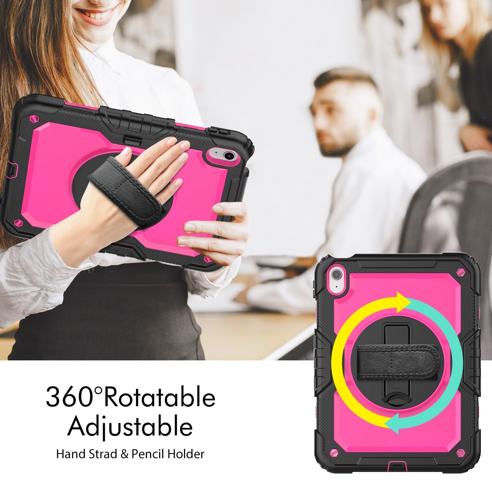 Kompatybilny z etui iPad 11. generacji A16 cali 2025 folią ochronną ekranu, wytrzymała, odporna na wstrząsy obudowa, obrotowy pasek rękę 360° i ramię [podpórka] [pasek ramię](Rose Red 2)