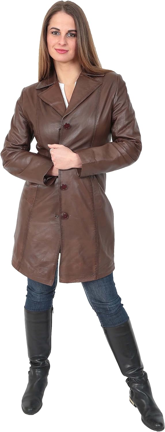 Ladies Trench ¾ Length Real Leather Coat Parka Fitted Jacket Lexi