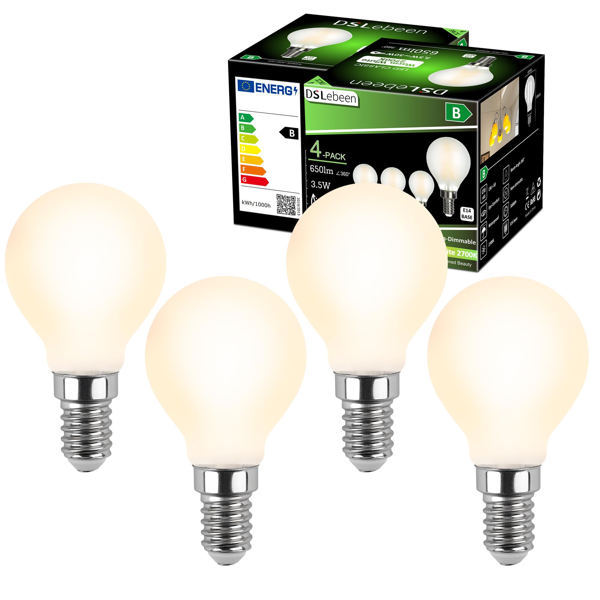 DSLebeen E14 Birne G45/P45 Warmweiss LED Lampe 3.5W 650LM E14 Glühbirne Warmweiß 2700K ersetzt 50W Halogenlampe Filament Fadenlampe Ultraeffiezent Nicht Dimmbar 4 Stück