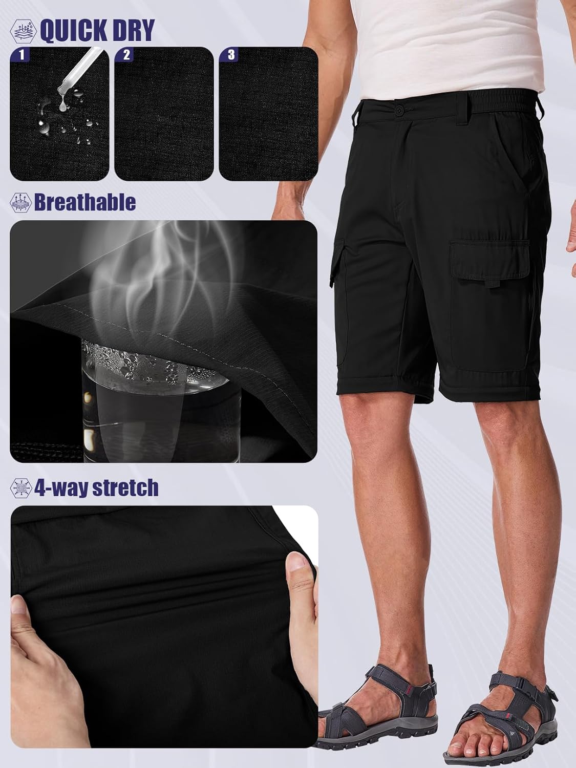 Hiking Pants Men Convertible Quick Dry UPF 50 Lightweight Zip Off Safari Fishing Travel Cargo Trousers - Image 4