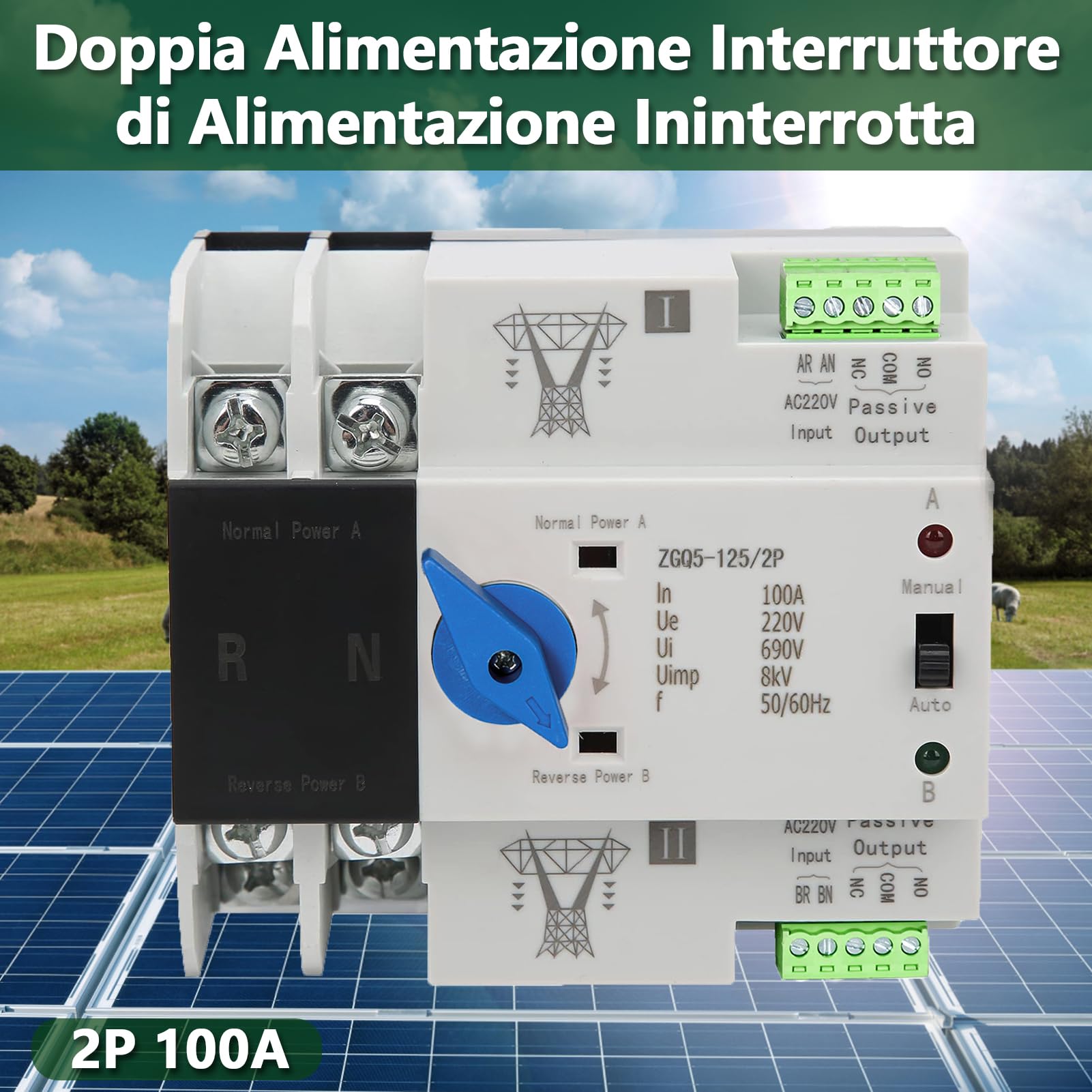 Ats Fotovoltaico Gruppo Elettrogeno DEWIN Interruttore Di Trasferimento Automatico,2P 230V 100A Commutatore Ats