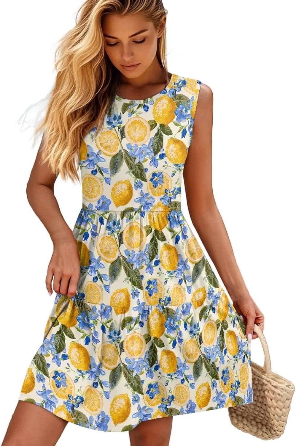 Women Summer Casual Sleeveless Crewneck Sundress A-line Flowy Tiered Midi Beach Dress Vacation Outfits
