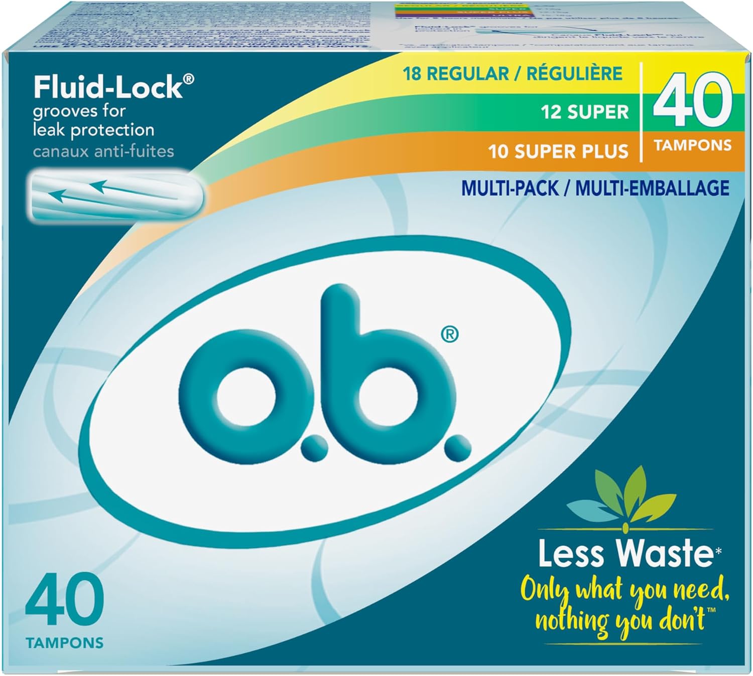 o.b. Original Non-Applicator Tampons, Regular, Super, & Super Plus Absorbancies, Multi Pack of 40 Tampons