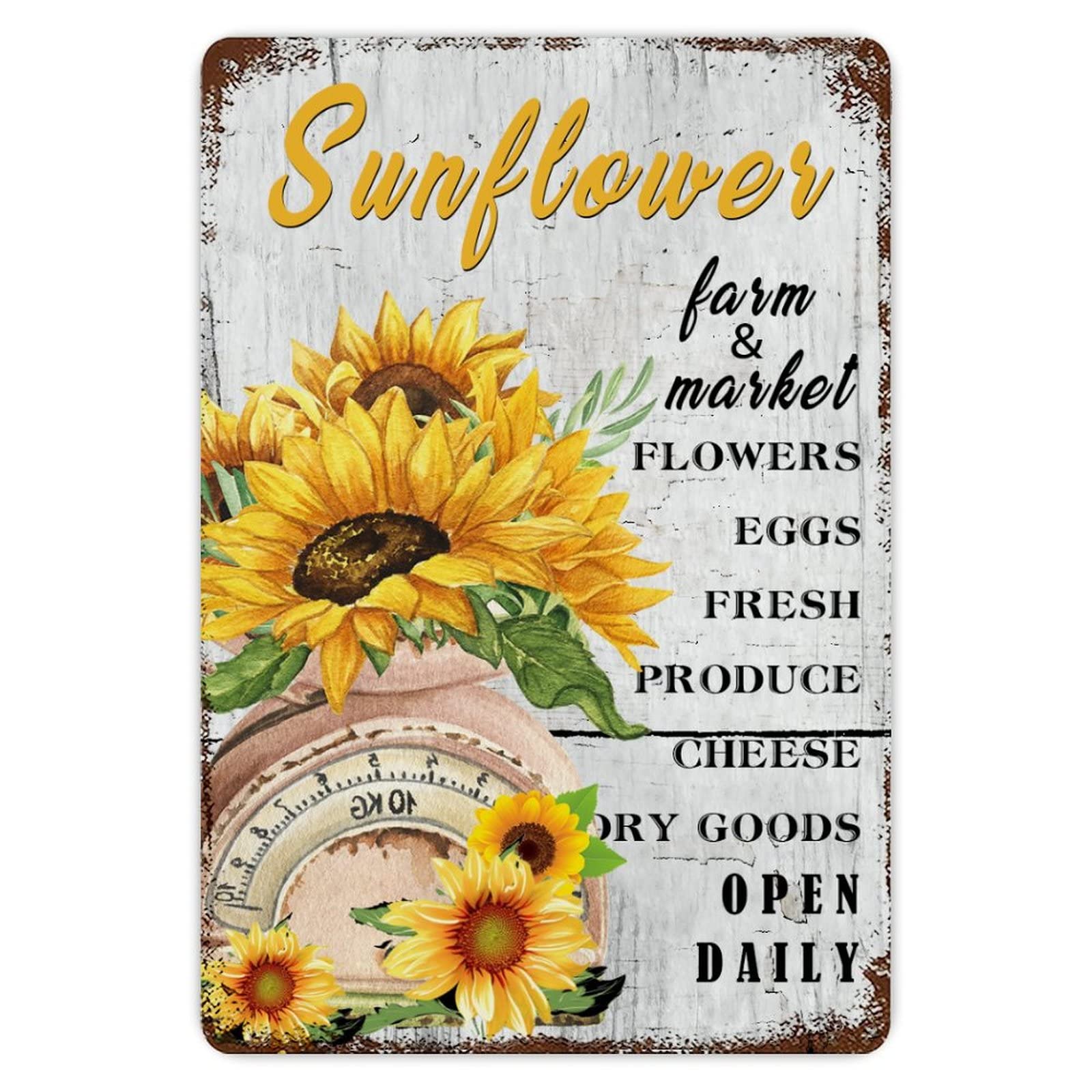 ENEDNATE Sunflower Farm Sign Flowers Eggs Fresh Open Daily Vintage Metal Tin Sign 8x12 inch Aluminum Sign for Kitchen Bars Restaurants Cafes Pubs Wall Decor