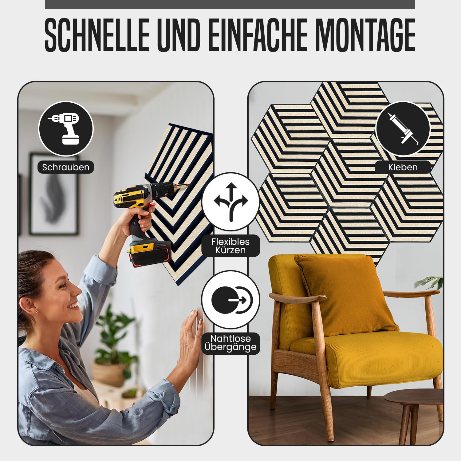 HOME LOVE® Wandbild aus Holz 8er Set | Hexagon Akustikplatten | 3D Gaming Wanddekoration | Akustikpaneele als Deko | Dekoration für Wohnzimmer Flur | Wandpaneele als Akustikbild | Dekoartikel groß