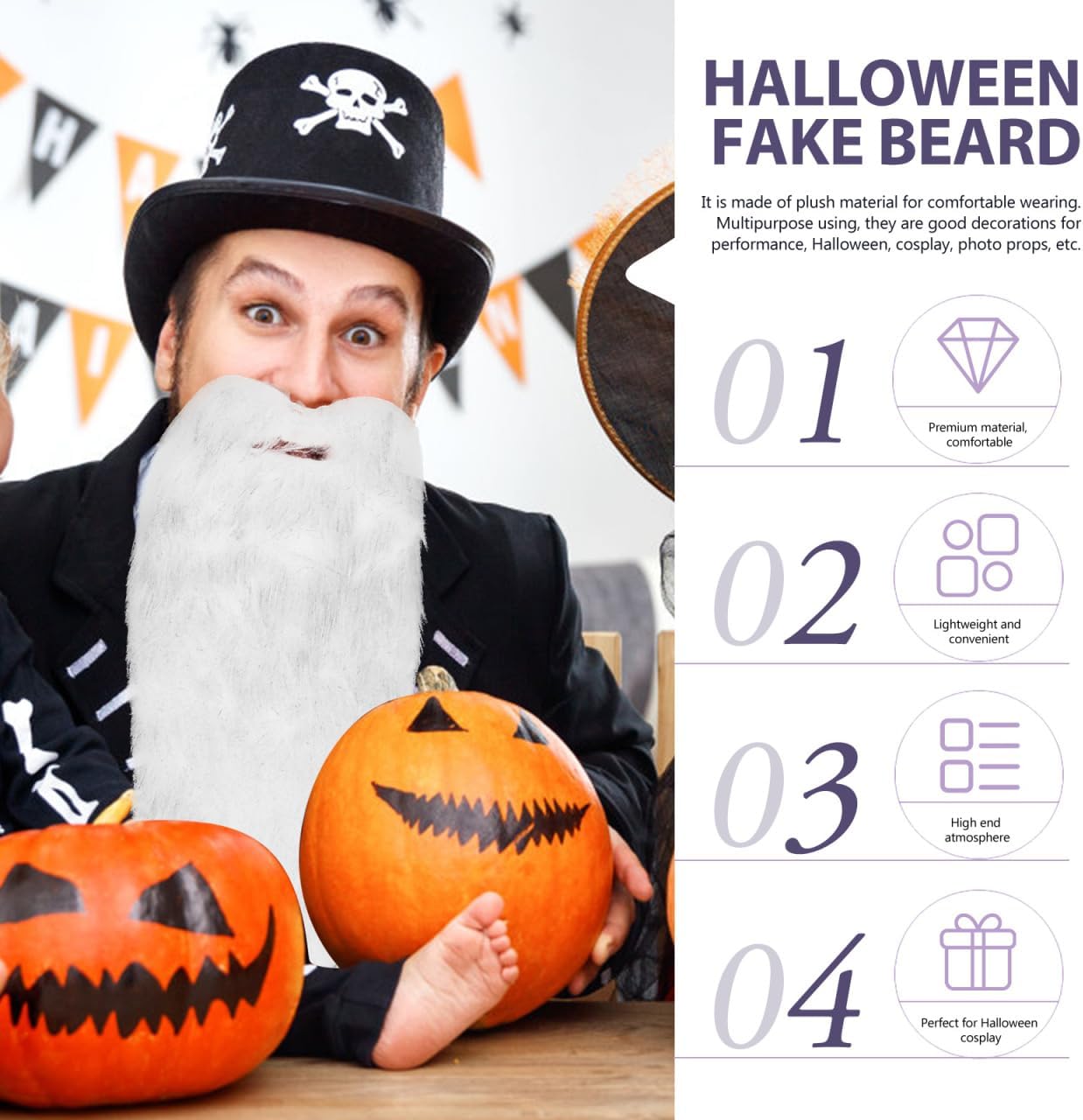 Halloween Fake Beard White Plush Costume Accessory for Men and Adults Lightweight Pirate Facial Hair for Party Dress up