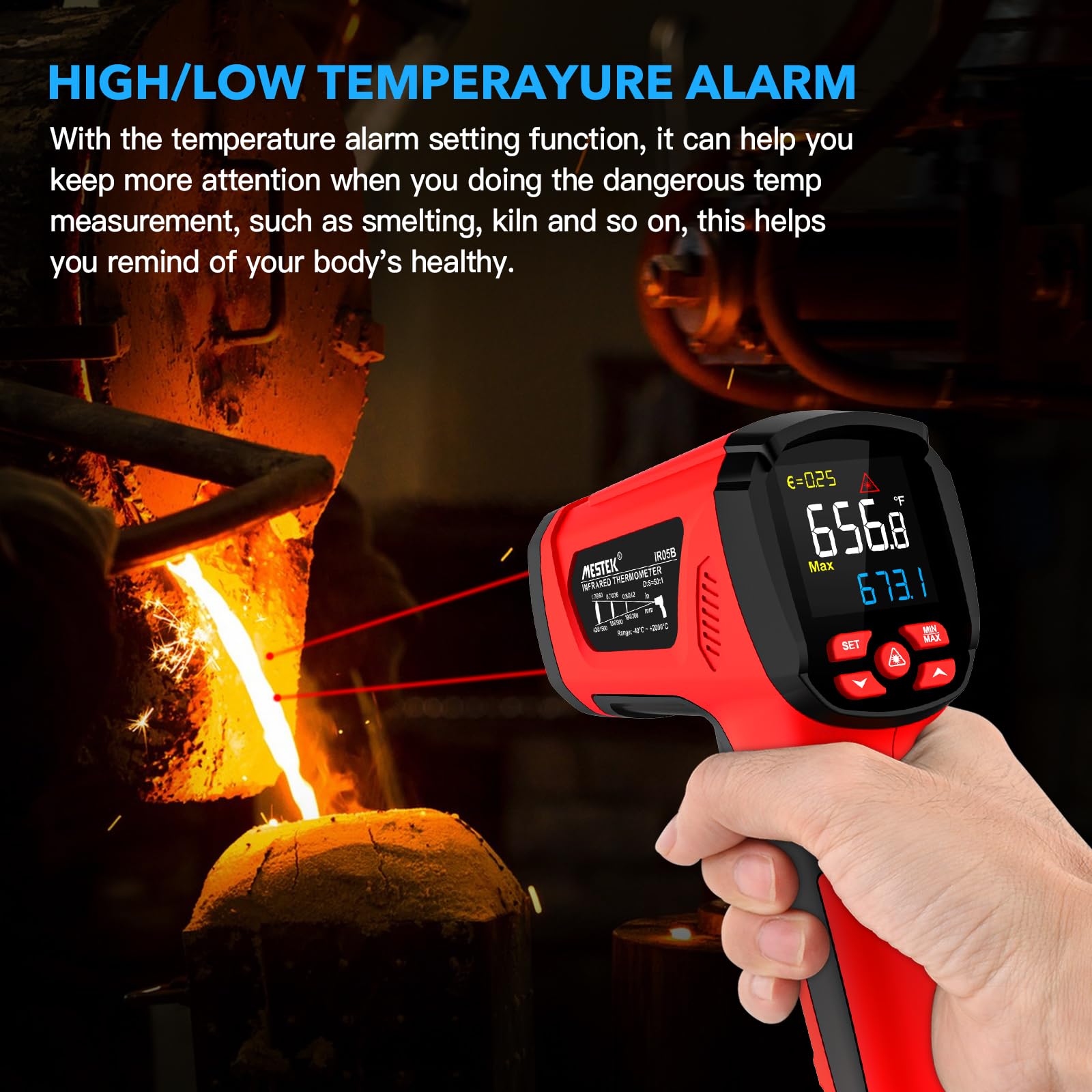 MESTEK Termometro a Infrarossi Digitale Laser -40°C~2000°C con K-Probe Senza Contatto LCD Emissività Regolabile Allarme