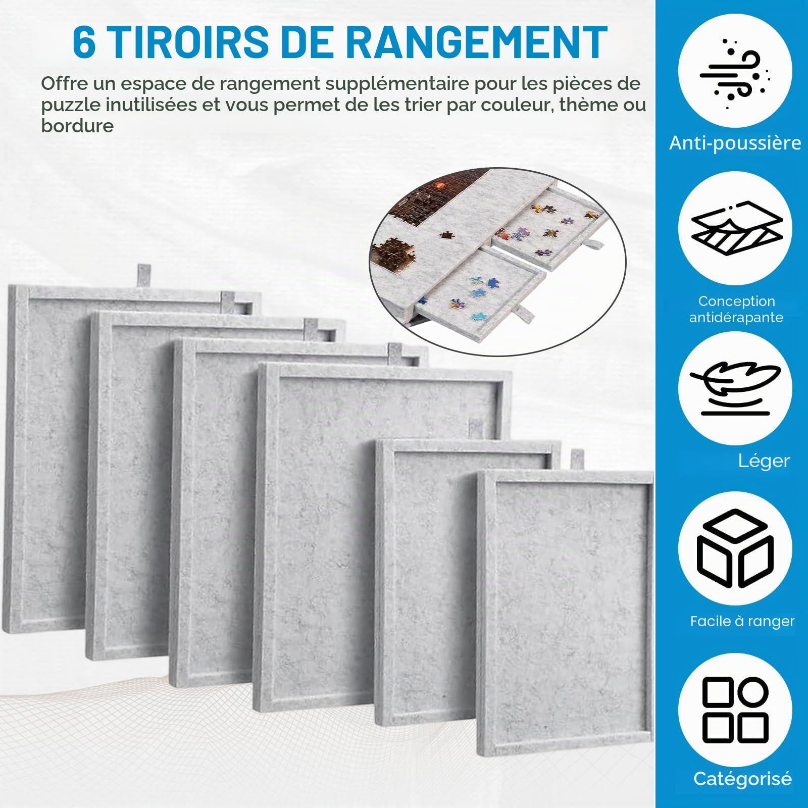 Table de puzzle 1000 pièces – Plateau à puzzle inclinable avec support et couvercle 2 en 1, super léger plateau de puzzle en feutre avec 6 tiroirs, plateau de puzzle portable, surface