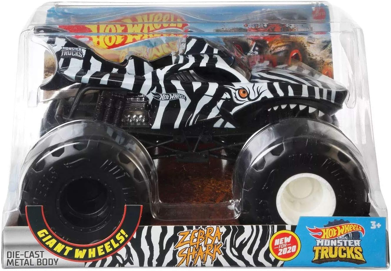 Hot wheels 2020 monster trucks 24 escala cuerpo de metal tibur n cebra  negro blanco