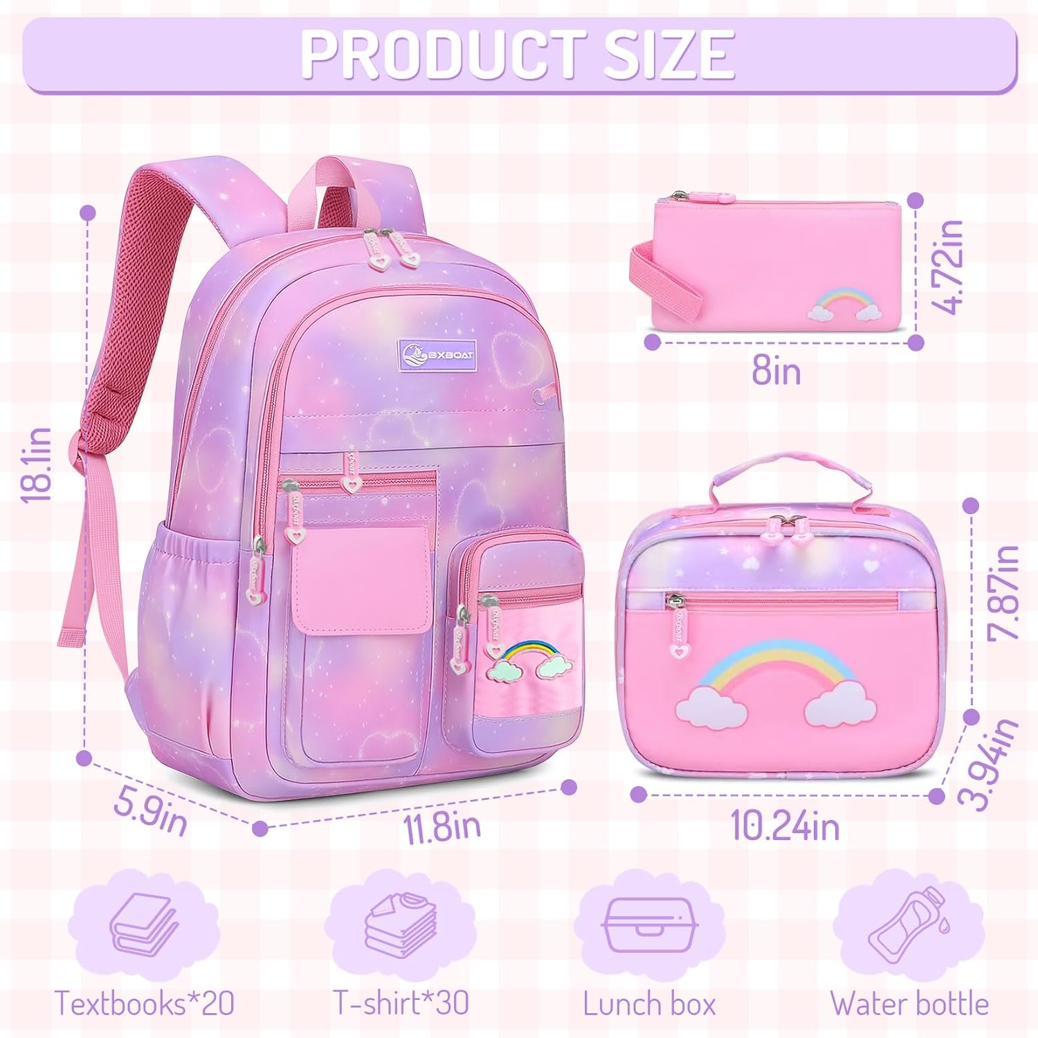 Kids Backpacks for Girls - 5PCS Cute Girls Backpack with Lunch Box Set for Elementary Middle School Students,18" Large Capacity School Bookbag with Multiple Pockets and Extra Accessories