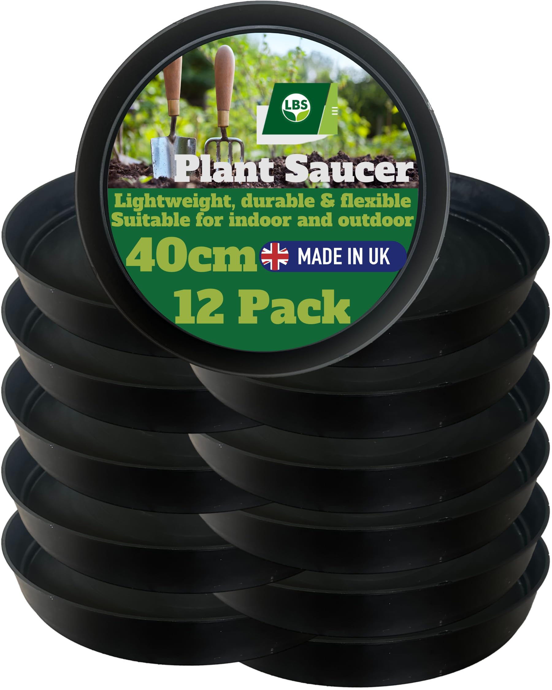 Lbs Horticulture Black 12 Pack Outdoor & Indoor Plant Pot Saucers – Frost & Crack Resistant. Durable Round Trays, High Rims, Lightweight And Reusable. Uk Made. Prevent Surface Damage & Catch Excess Water. 40Cm Diam.