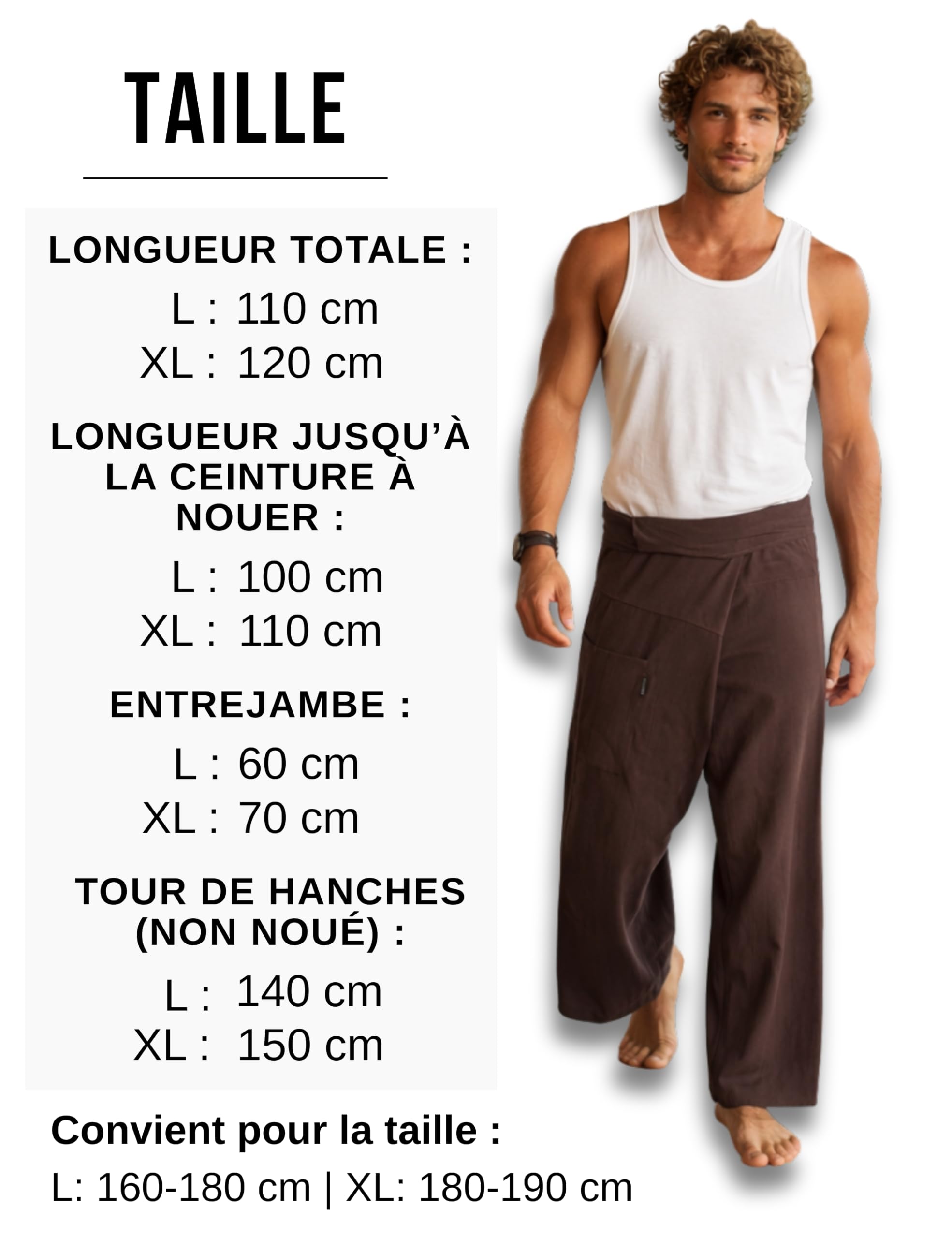 PANASIAM Pantalon de pêcheur thaï - Coton - Pantalon Portefeuille Unisexe | Pantalon thaï, aussi pour le yoga ou les arts martiaux, ajustement flexible en 2 longueurs, technique portefeuille, uni