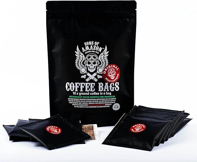 Coffee Bags Individually Wrapped - 10 Strong Coffee Bags - STRONG AND FAIR - 10g each bag - Compostable coffee bags