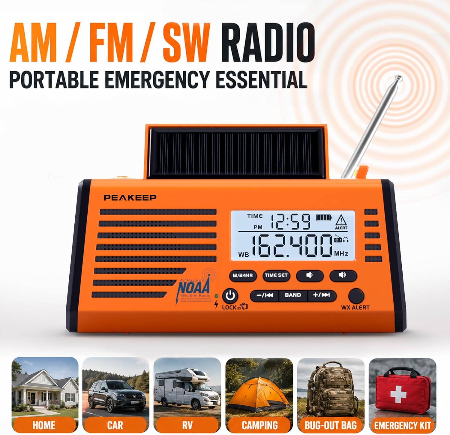 Peakeep Emergency Radio NOAA Weather Alert Battery Solar Crank Powered | Portable Radio AM FM SW, Rechargeable Battery 18500mWh, SOS Flashlight Lamp for Home Car Camping Storms Blackouts Prep