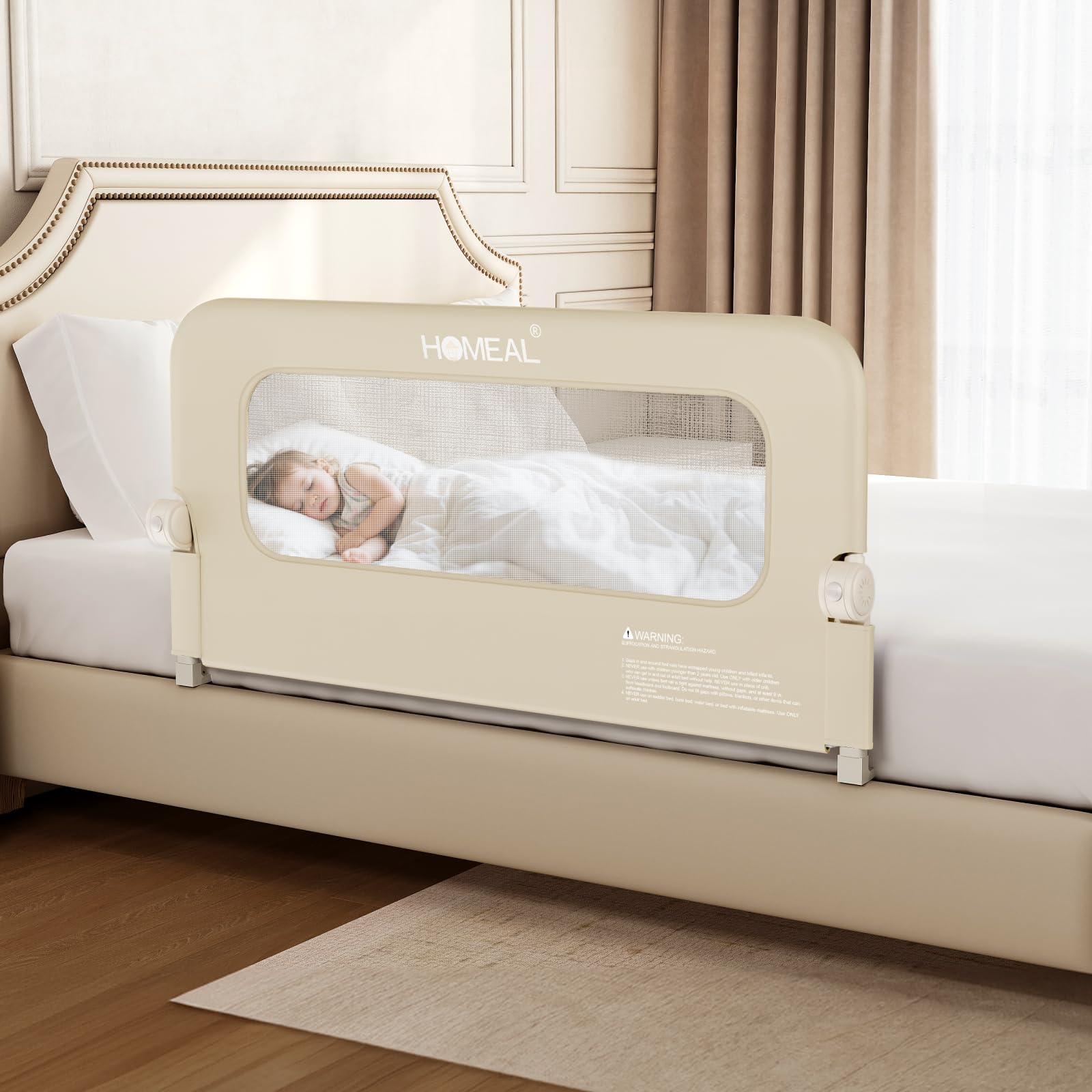HOMEAL Barandilla de cama para niños pequeños con base en forma de U – 47 x 24 pulgadas, protector plegable para cama de bebé tamaño King, Queen, matrimonial, individual, beige, 1 paquete