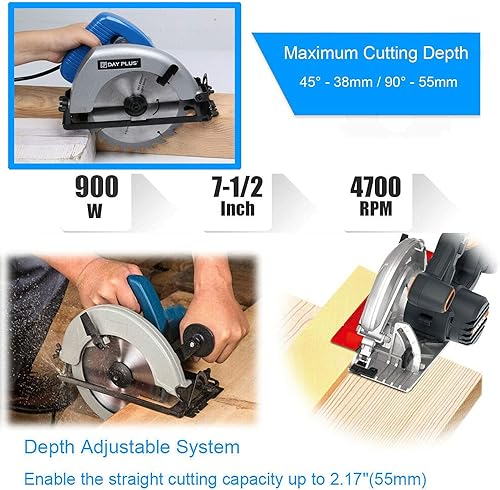 Miniatura 8 de Sierra circular de 7-14 '' 900 W potente sierra circular eléctrica 4700 rpm profundidad de corte ajustable Max 2.17 pulgadas con doble interruptor