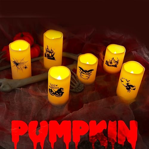 Miniatura 6 de Velas parpadeantes sin llama de Halloween con control remoto y temporizador, velas impermeables a pilas, velas eléctricas LED falsas para decoración