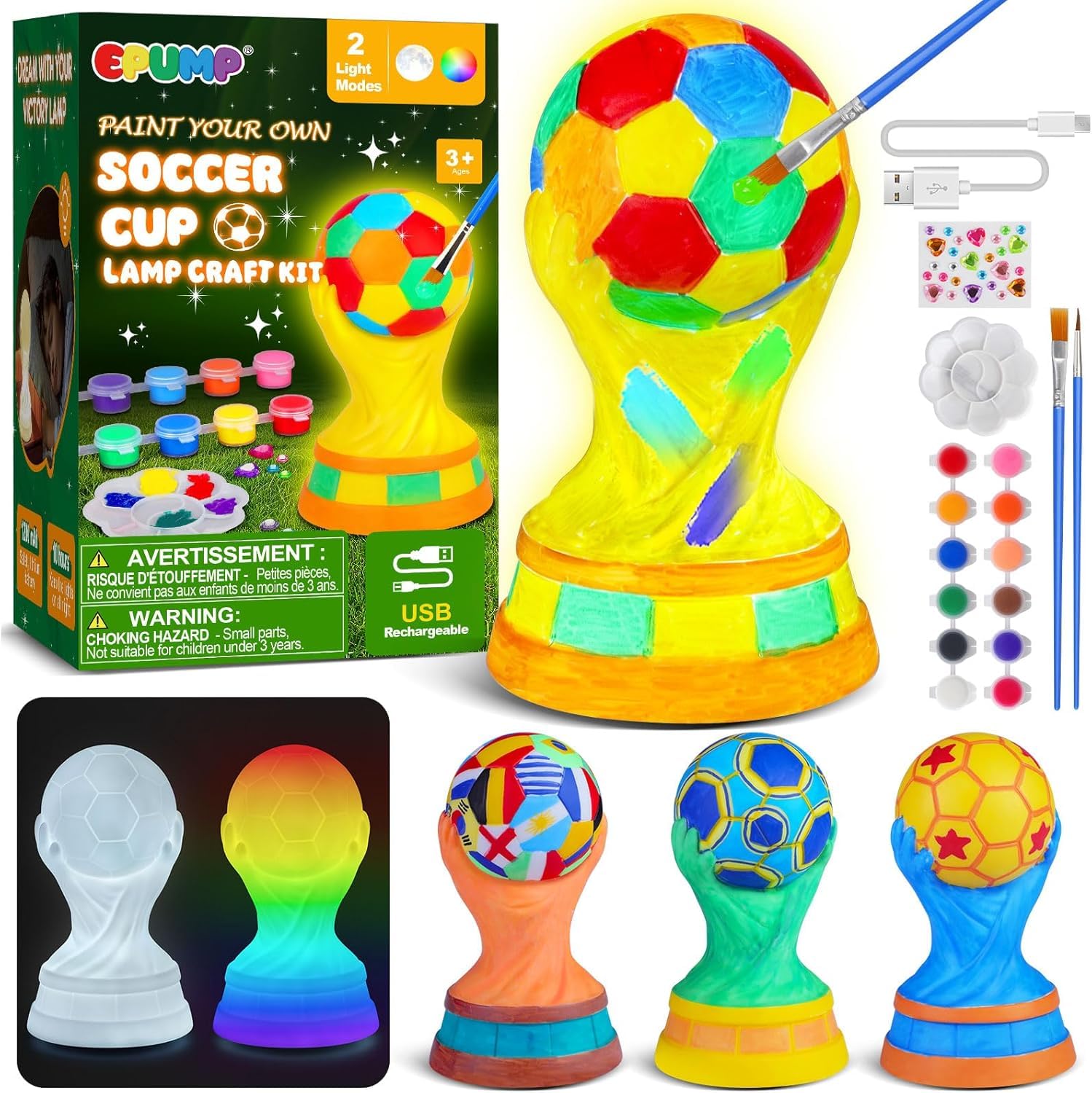 Paint Your Own Football Champion Lamp Kit, DIY Night Light, 2 Light Modes, Rechargeable, Arts and Crafts Gift for Kids Ages 5-12+