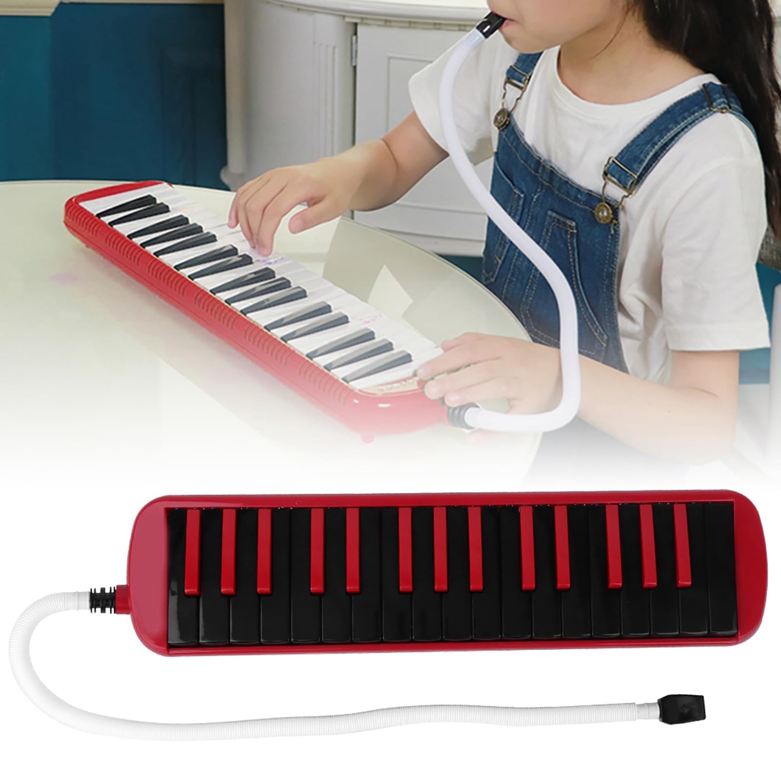 Melodica 32 touches, instrument de musique à vent, clavier de piano à air, style soprano avec embout et sac transport, convient pour débutant, sac d'entraînement F32s (Red)