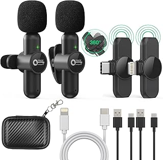 Wireless Lavalier Microphone for iPhone/ipad/Android,Wireless Lapel clip on microphone(2 Microphones with 2 Receivers) Plug-Play Auto-Sync for Facebook,YouTube,Video/Vlog Recording,Live stream,TikTok