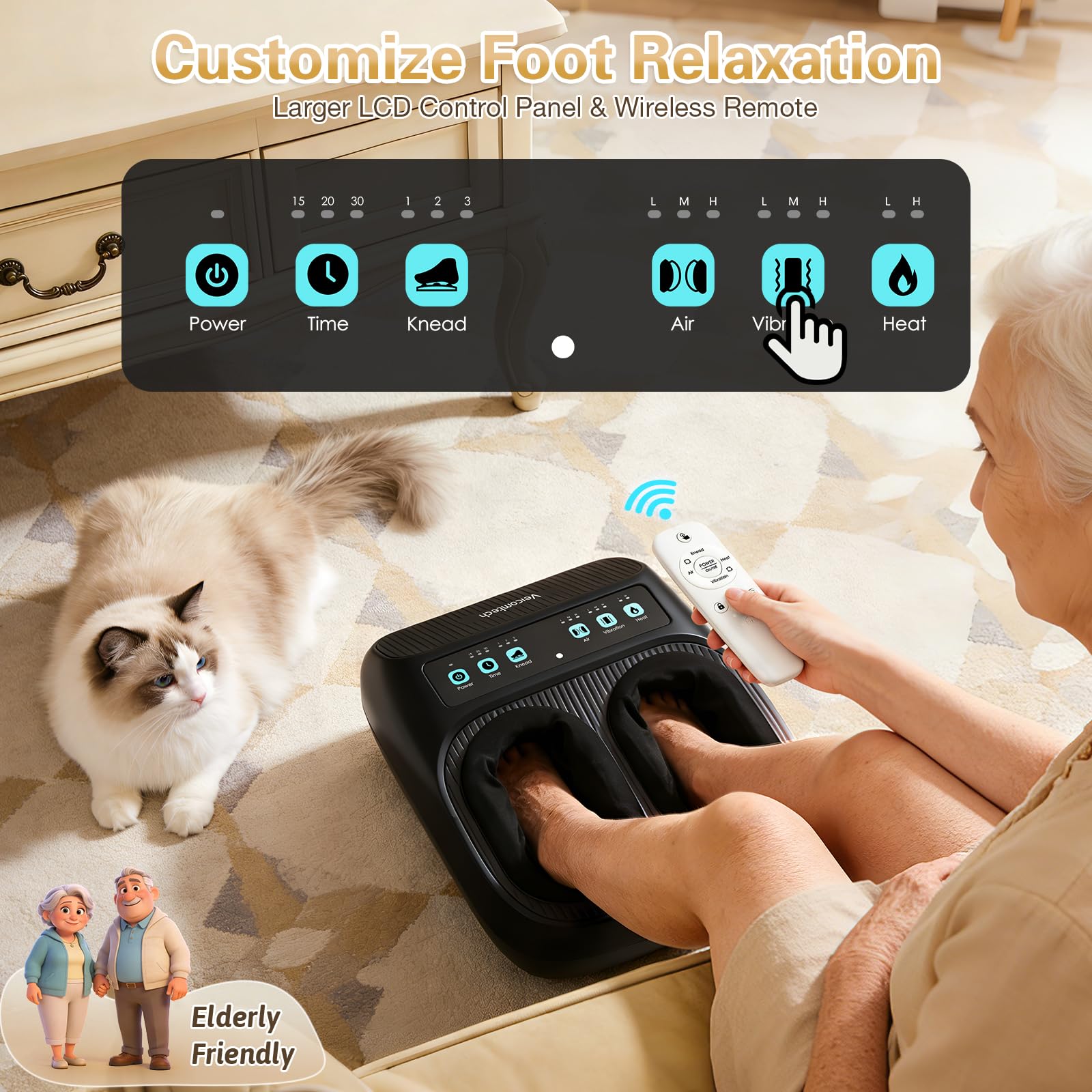 veicomtech Shiatsu Fußmassagegerät mit Wärme, elektrisches Massagegerät für Plantarfasziitis Neuropathie mit Fernbedienung, Vibration und Kompression einstellbar (schwarz)