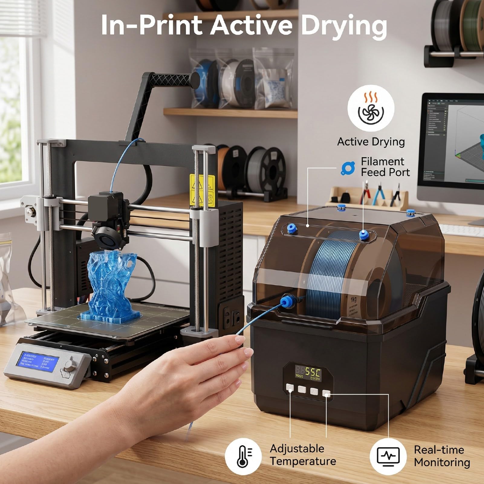 Generic Filament-Trockner, Verbesserte Trocknungsbox mit Touchscreen für 3D-Druck-Filamente und Verbesserte Ergebnisse für PLA und ABS, 2 Spulen (EU-Stecker)