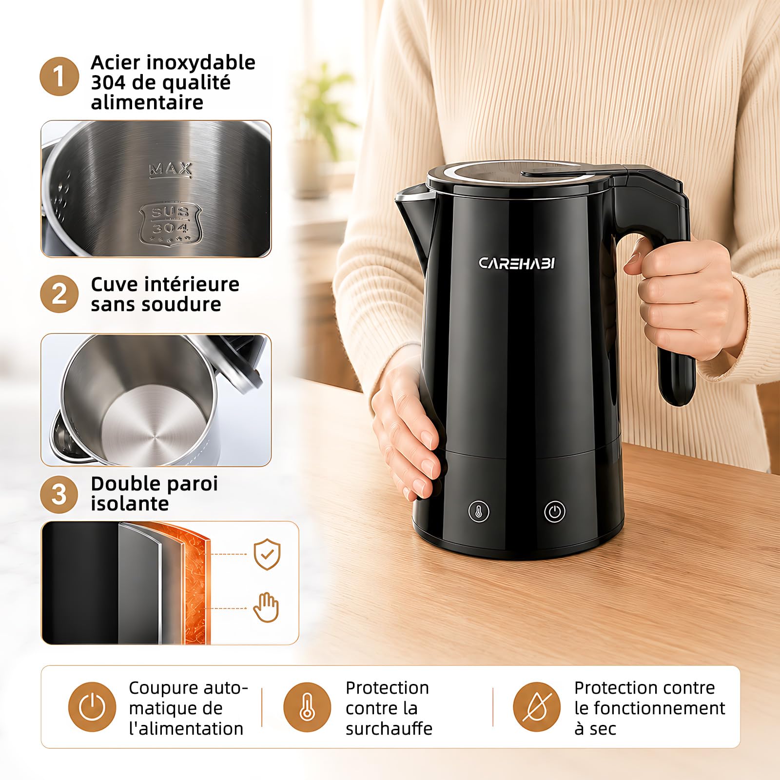 Carehabi Bouilloire Électrique 1,7L 2200W Maintien au Chaud 12H Sans BPA