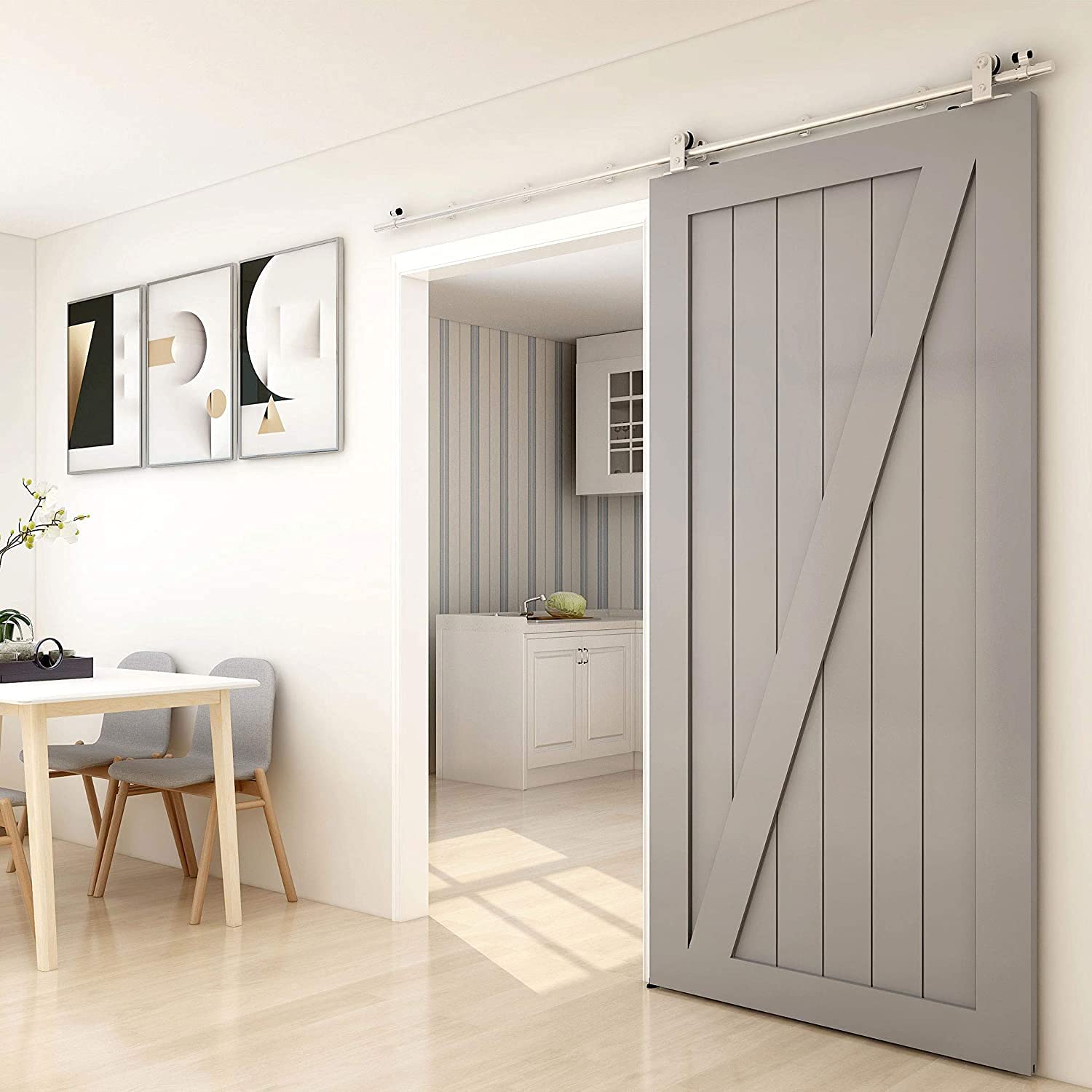 TSMST Binario scorrevole in acciaio inox, 228 cm, per porte in legno, senza intoppi e silenziosi (gancio a forma di T)
