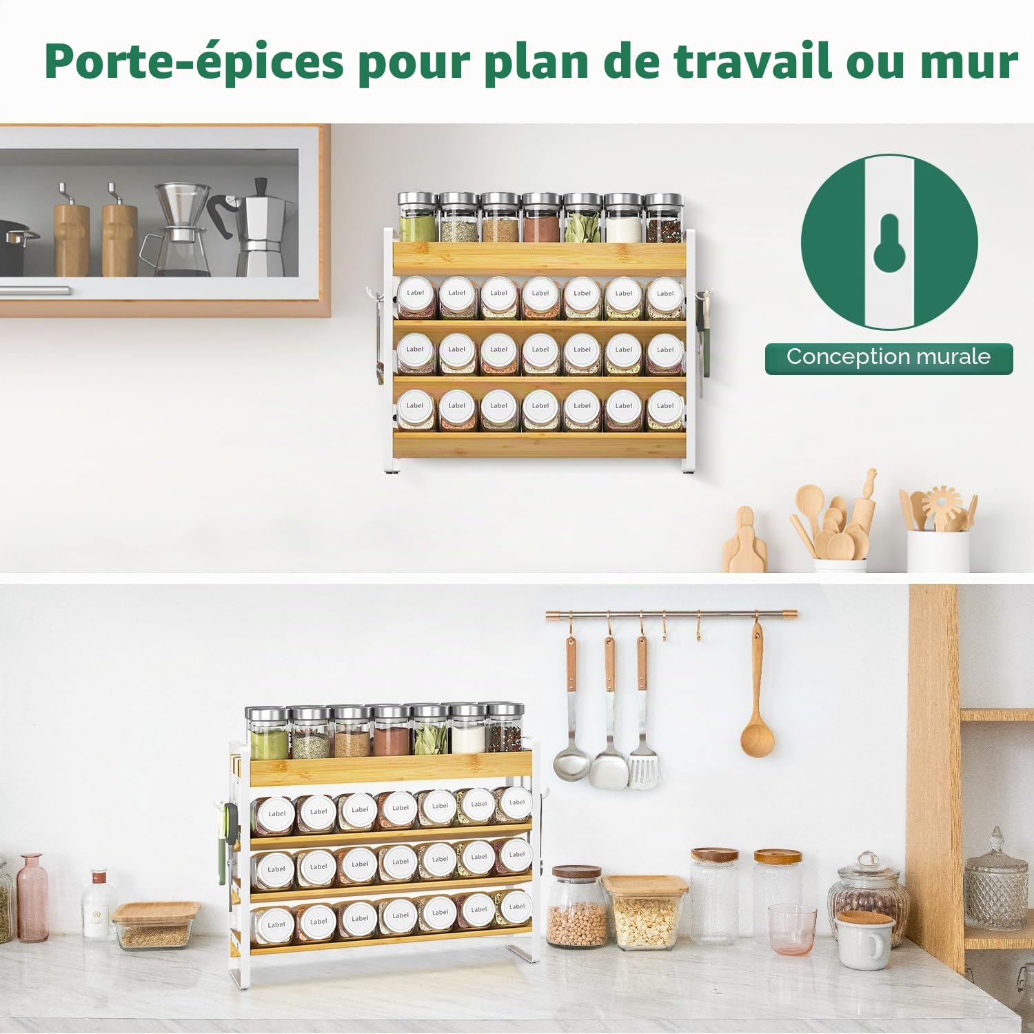 EsLuker.ly Étagère à épices pour comptoir de cuisine, étagère à épices en bambou à 4 niveaux avec 4 crochets, support mural autonome pour garde-manger, bambou + blanc (bocaux non inclus)