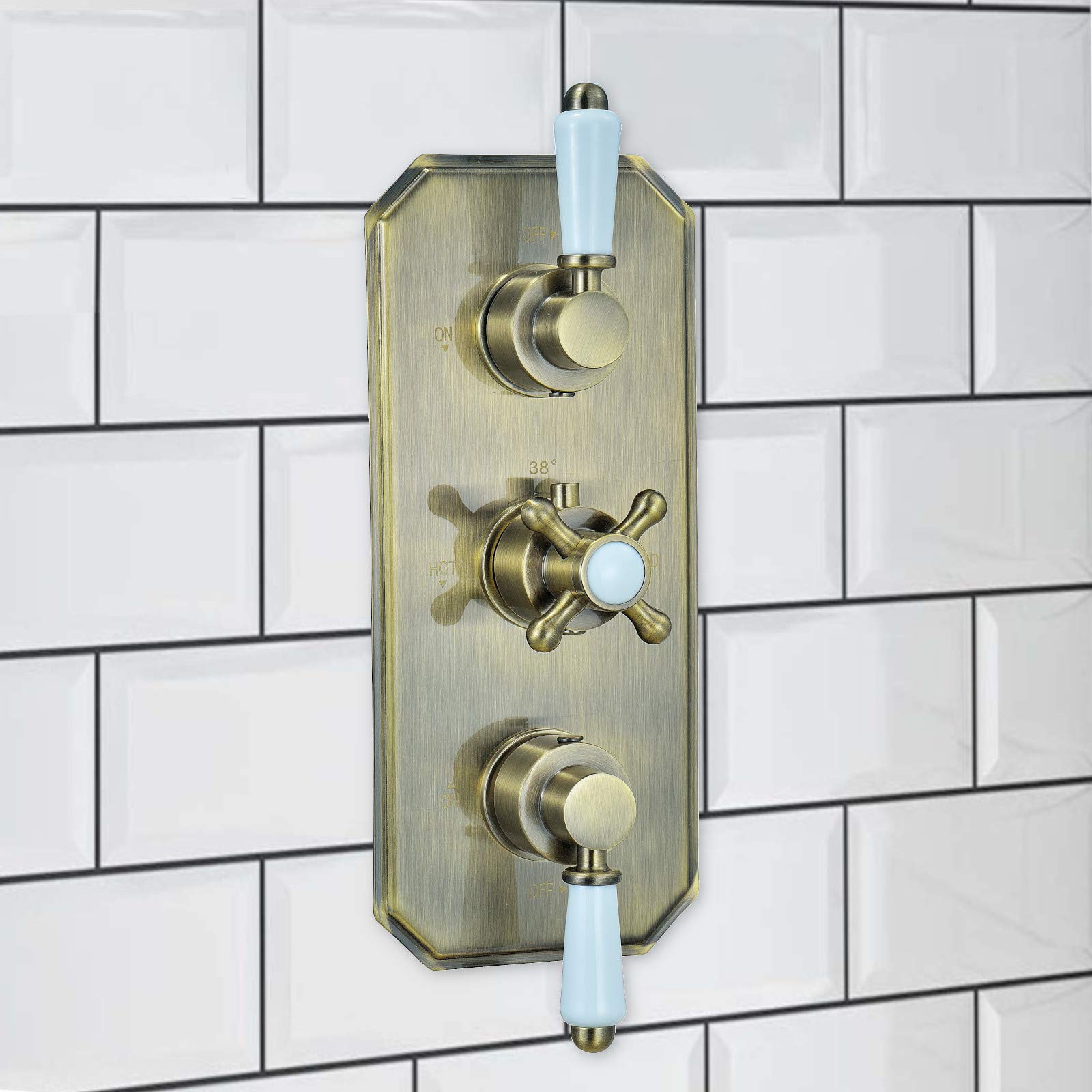 Enki Antique Brass Regent, Tsv044, Triple Concealed Thermostatic Mixer Tap Valve With Two Outlets For Bathrooms, Traditional Victorian Style