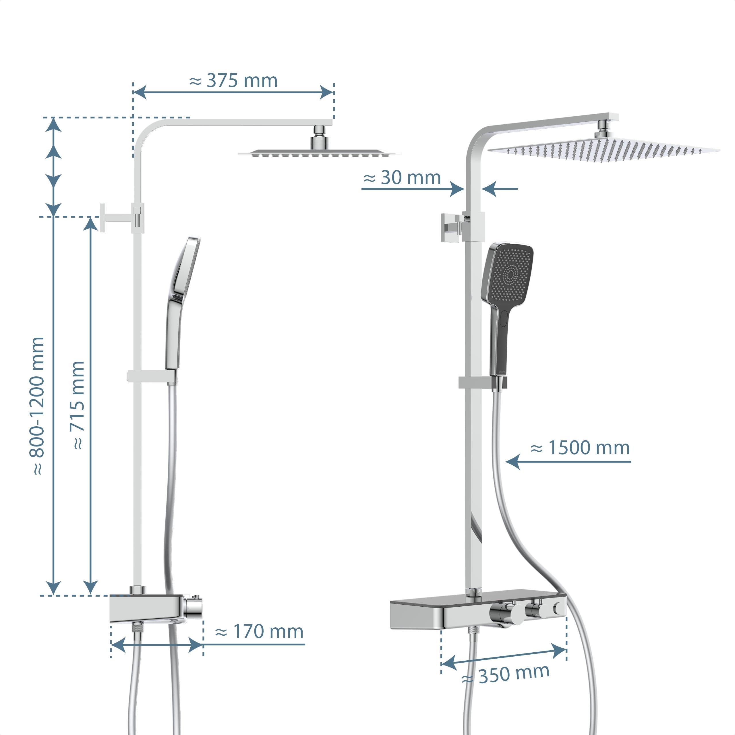 Schütte OCEAN Duschsystem mit Thermostat und Glasablage-Duschset mit 30x30cm, Regendusche mit Wandhalterung und Duschkopf-Duschpaneel Duschsäule in Chrom/Anthrazit 60531