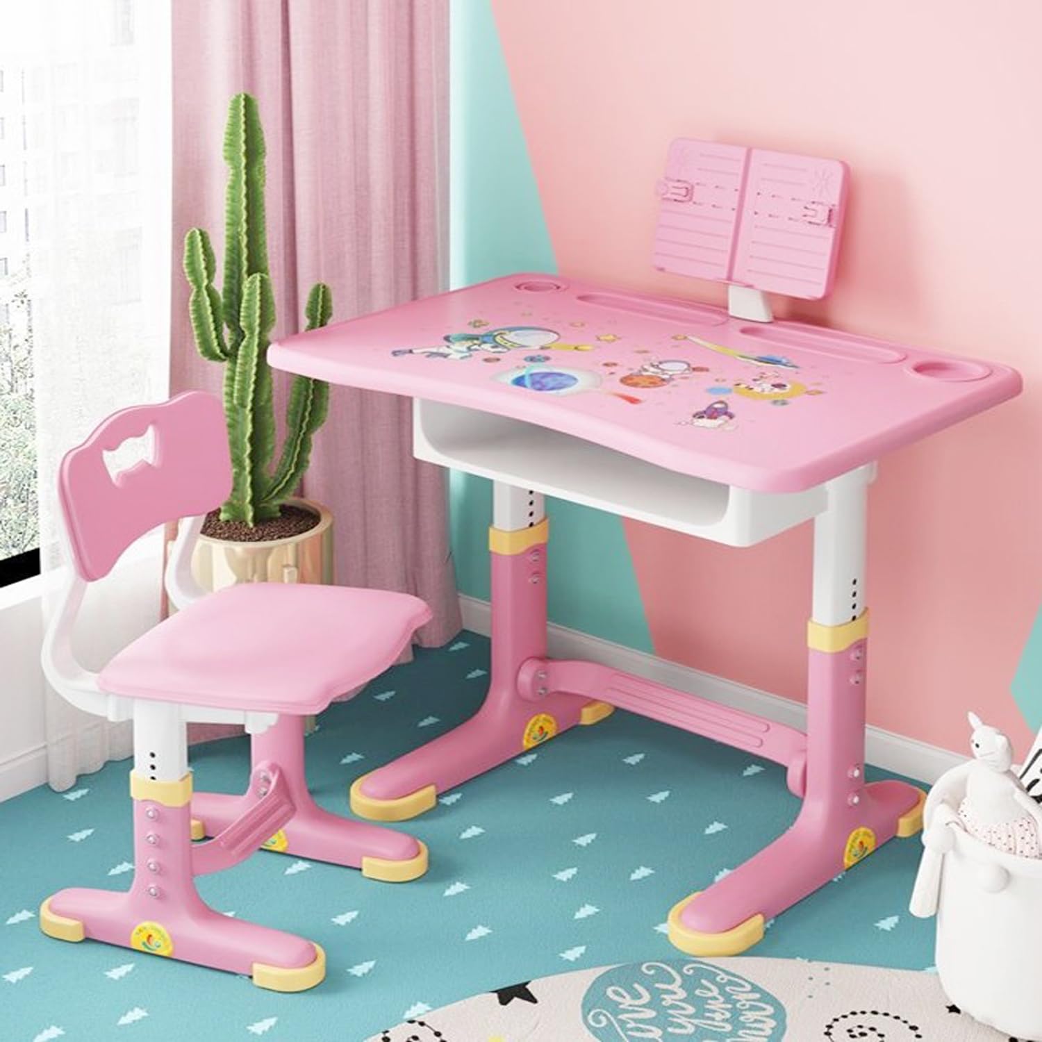 Kutis Modern Ergonomic Design Kids Functional Desk and Chair Set, Height Adjustable Children School Study Table with, Book and LED Lamp Holder Storage for Boys Girls 70x45.5x70 & 34x37x72 cm. (Pink)