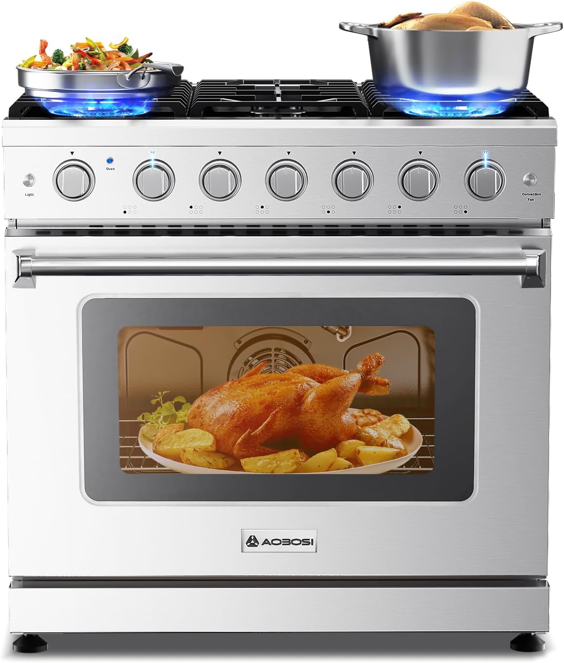 AAOBOSI 36 Inch Front Control Gas Range Oven with 6 Cooktop Burners, 6 Cu. Ft True Convection and Self Clean, Freestanding Stainless Steel Heavy Duty Gas Range Stove with Halogen Light,Stainless steel