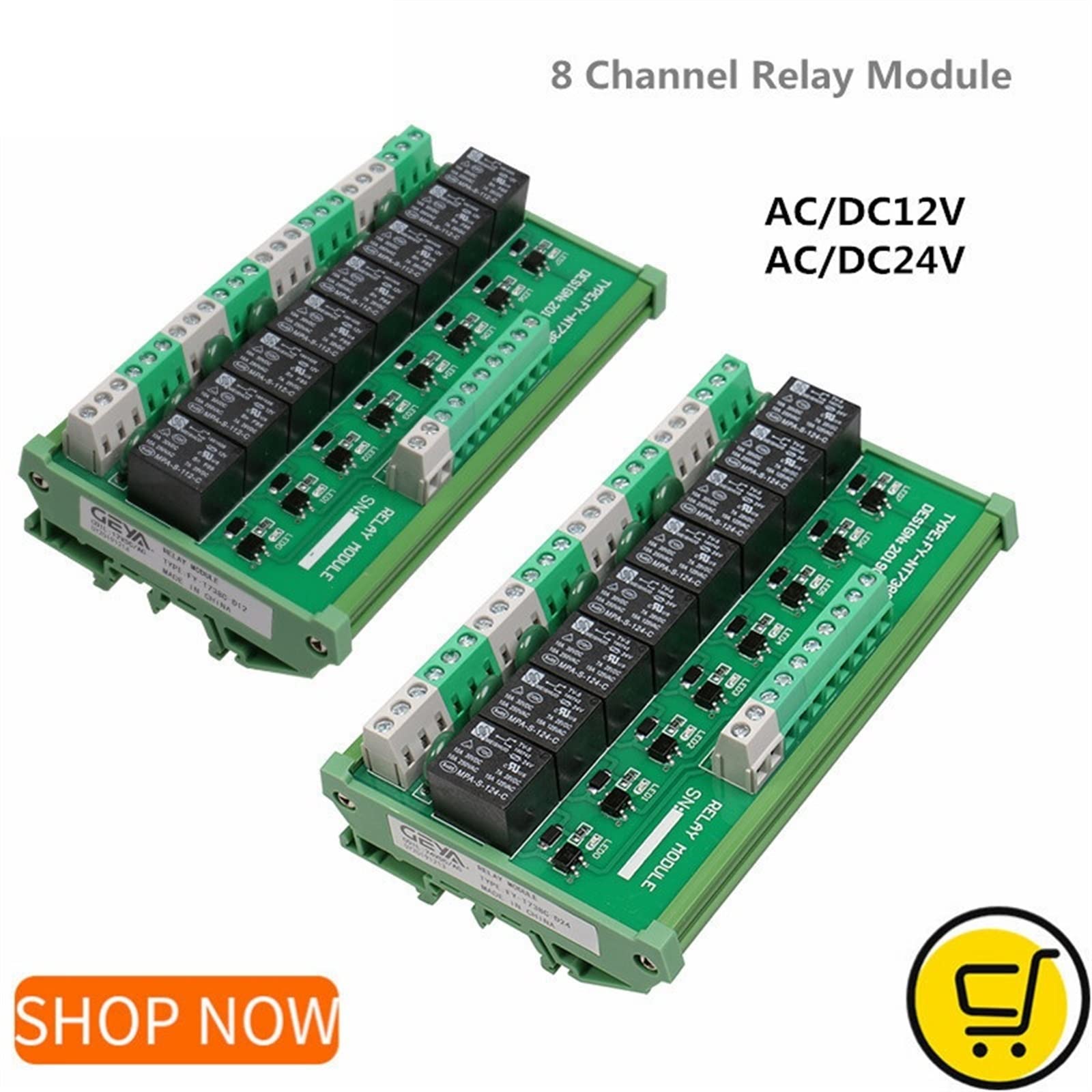 Módulo de relé interfaz 8 canales 12VACDC 24VACDC Montaje en panel carril DIN for placa PLC automatización 5VDC(FY-T738-12VACDC)
