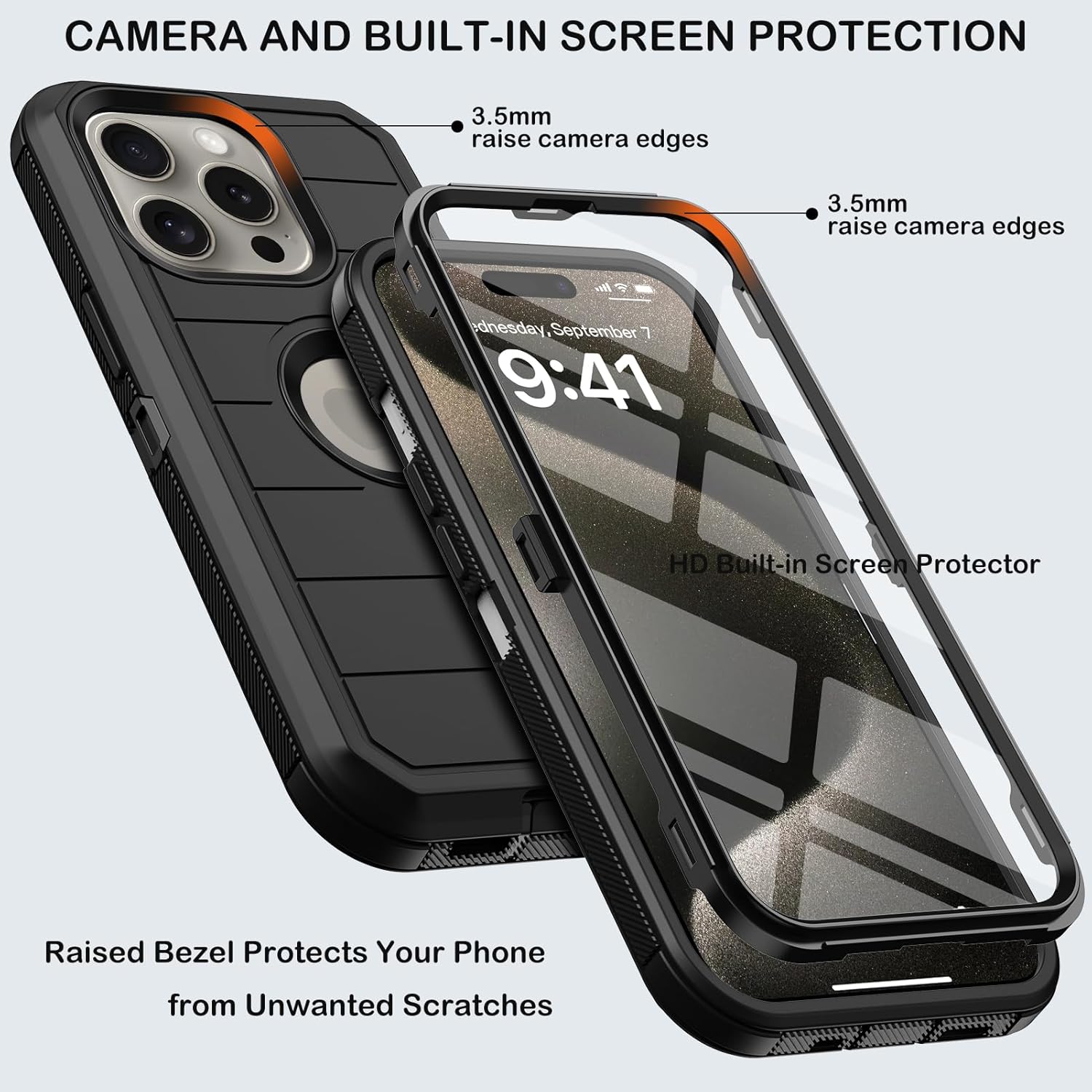 for iPhone 15 Pro Max Case with Belt Clip Holster,Built-in Screen Protector,Heavy Duty Shockproof Drop Protection Military Grade 3 Layers Rugged Phone Cover with Kickstand for Apple 15 ProMax (Black) - Image 2
