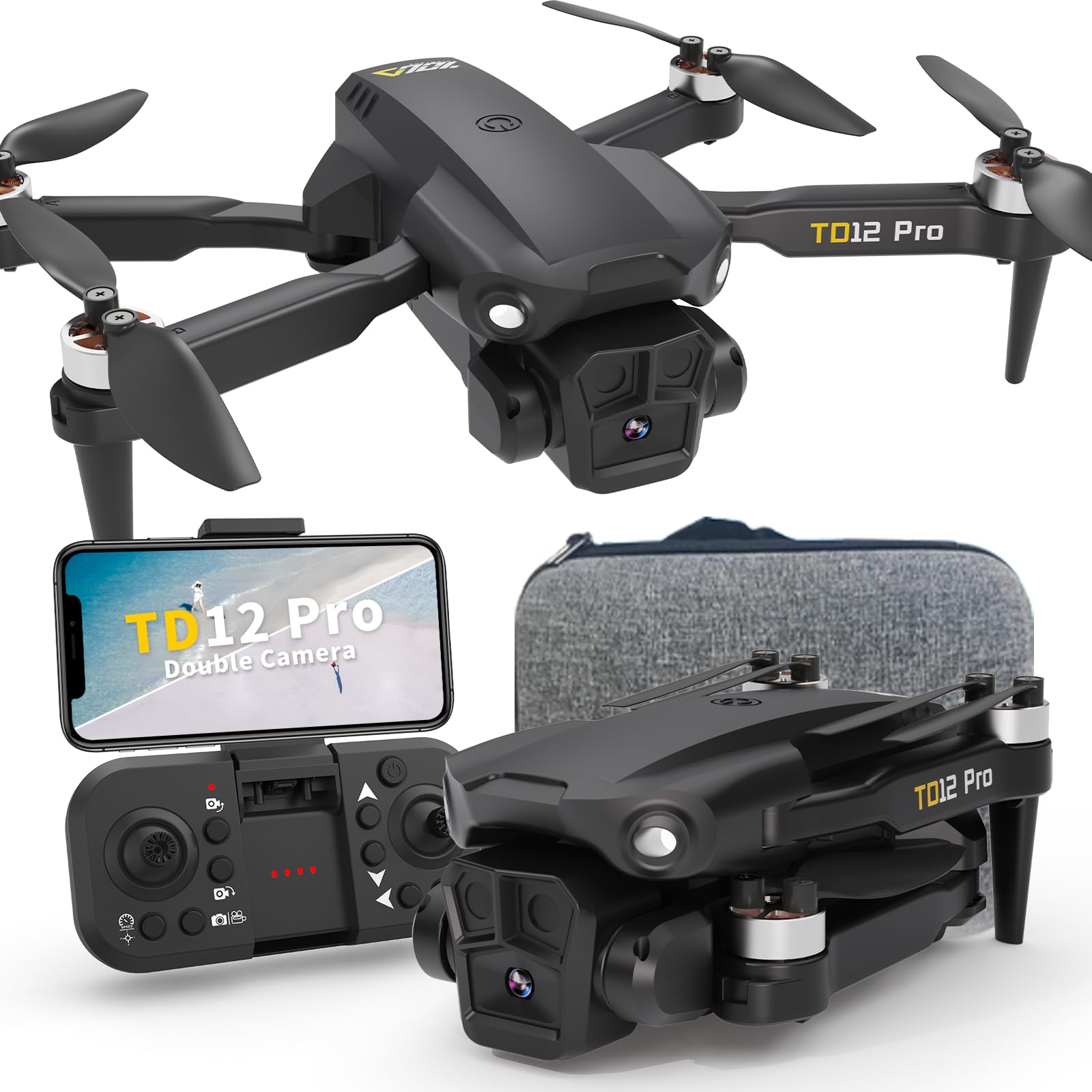 Toladrone Drone con Motore a Spazzole, Drone con 2 Telecamera per Adulti Trasmissione WiFi FPV 5G Droni con Telecamera ESC Mini Drone per Bambini RC Quadricottero per Principianti Drone TD12Pro