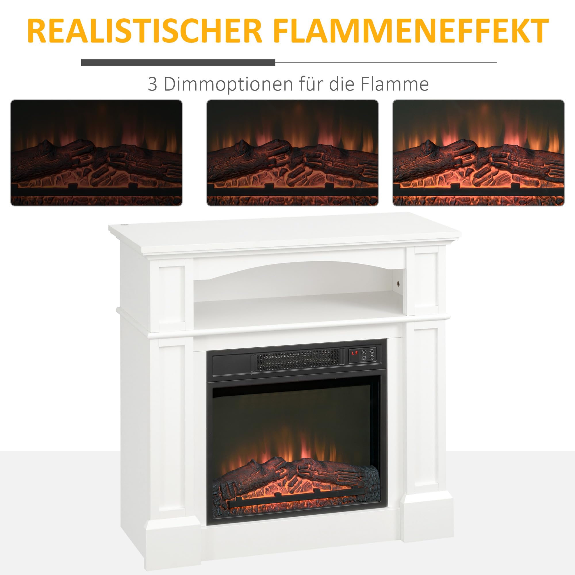 HOMCOM Elektrokamin mit Heizung LED Flammeneffekt Dekokamin 1800 W Weiß