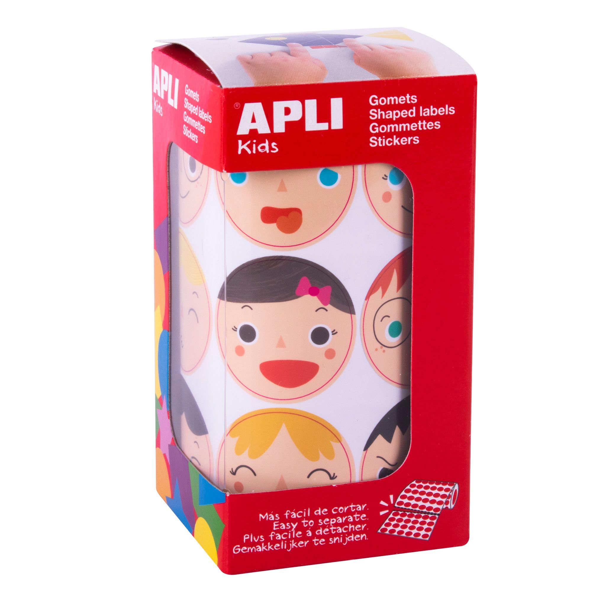 APLI Kids 18771 – Roll of 360 Round Gummies with Emotions Faces Ø 33 mm, Removable Adhesive