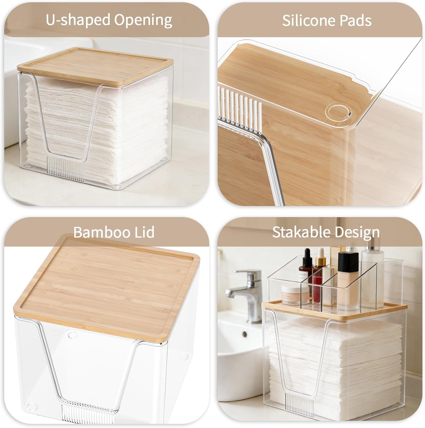 2 in 1 Disposable Facial Towel Holder and Cosmetic Organizer, Clear Storage with Bamboo Lid Compatible with Clean Skin Club Towel XL, Stackable Vanity Organizer for Bathroom Vanity Counter, 2 Tier