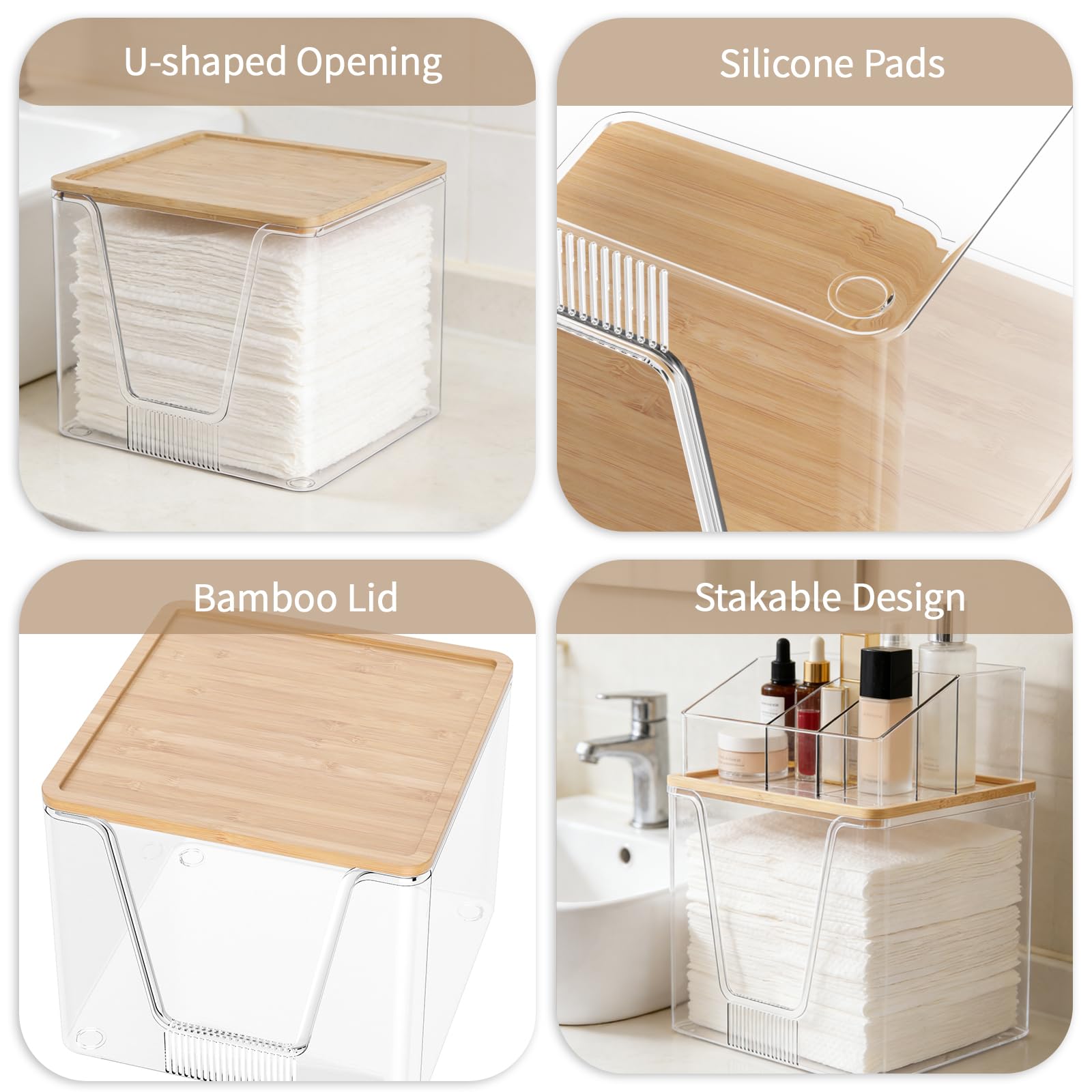 2 in 1 Disposable Facial Towel Holder and Cosmetic Organizer, Clear Storage with Bamboo Lid Compatible with Clean Skin Club Towel XL, Stackable Vanity Organizer for Bathroom Vanity Counter, 2 Tier - 5