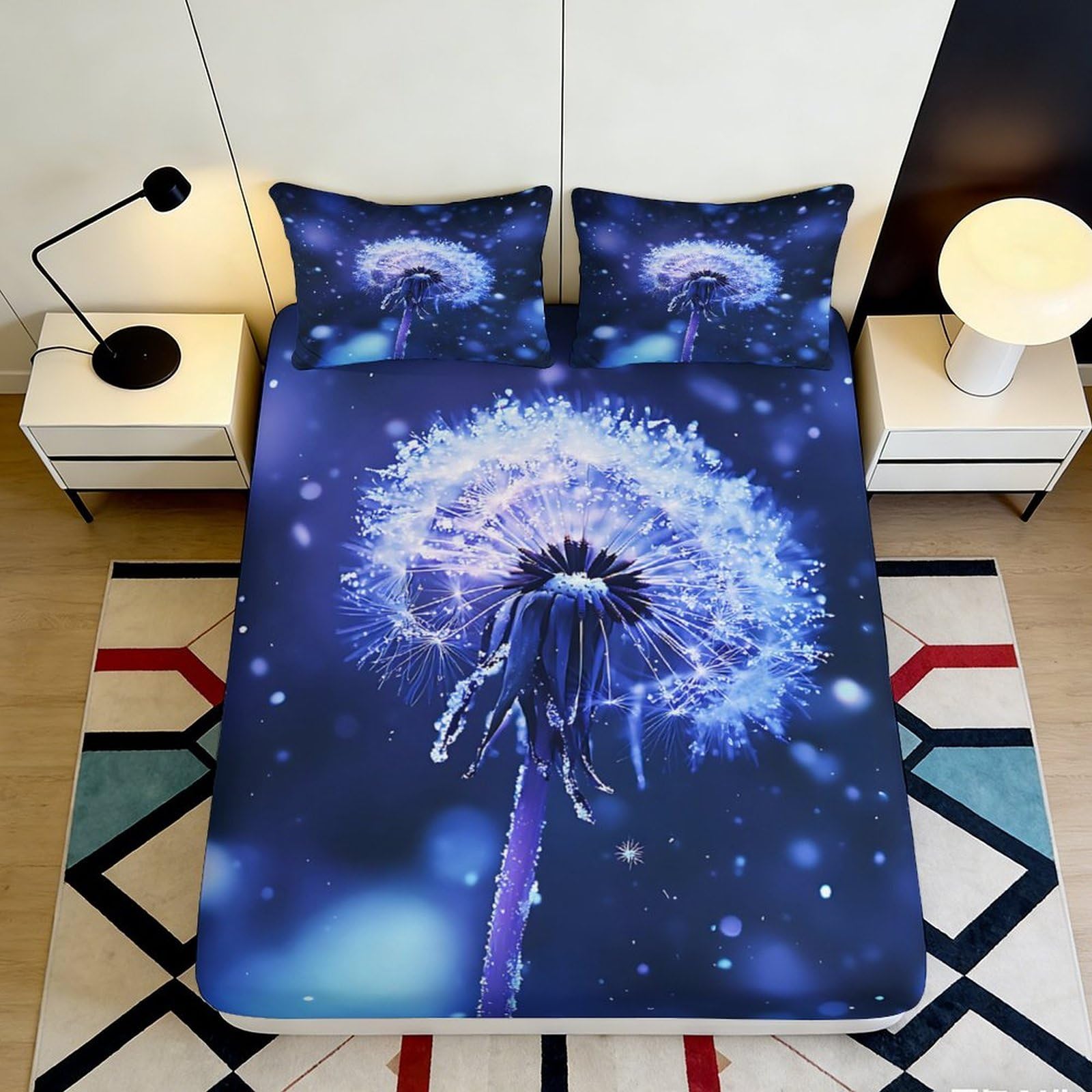 3D Printed Blue Dandelion Fitted Sheet Microfiber Soft Breathable Night Sky Mattress Cover for Bedroom Dorm Mattress Protection Decor 90x200x25cm