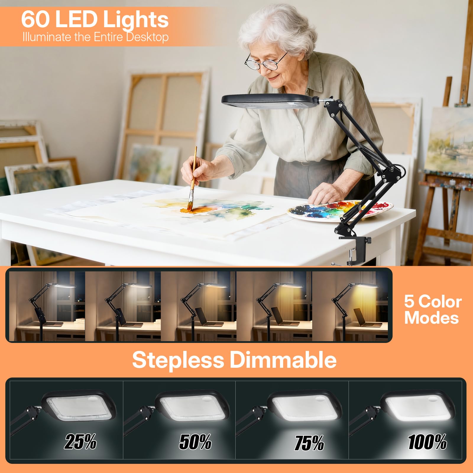 GABORISH 10 lupas de pie 30 X con luz y soporte, lámpara de lupa 3 en 1 con 60 LED, brazo plegable rectangular con abrazadera, 5 modos de color regulable, sin manos, lupa de lectura con luz para