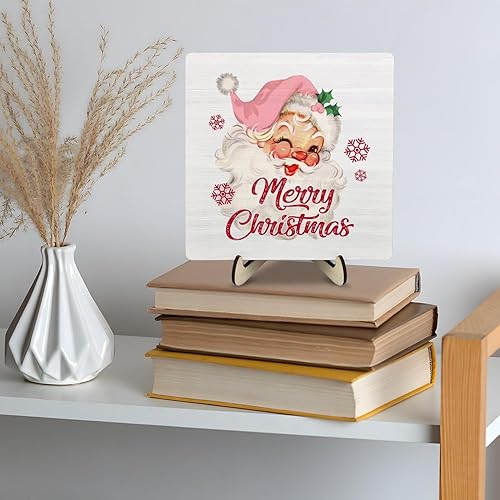 Miniatura 8 de Letrero de placa de madera con texto en inglés "Merry Christmas", letrero de madera para decoración de escritorio de oficina en casa, 5.9 x 5.9